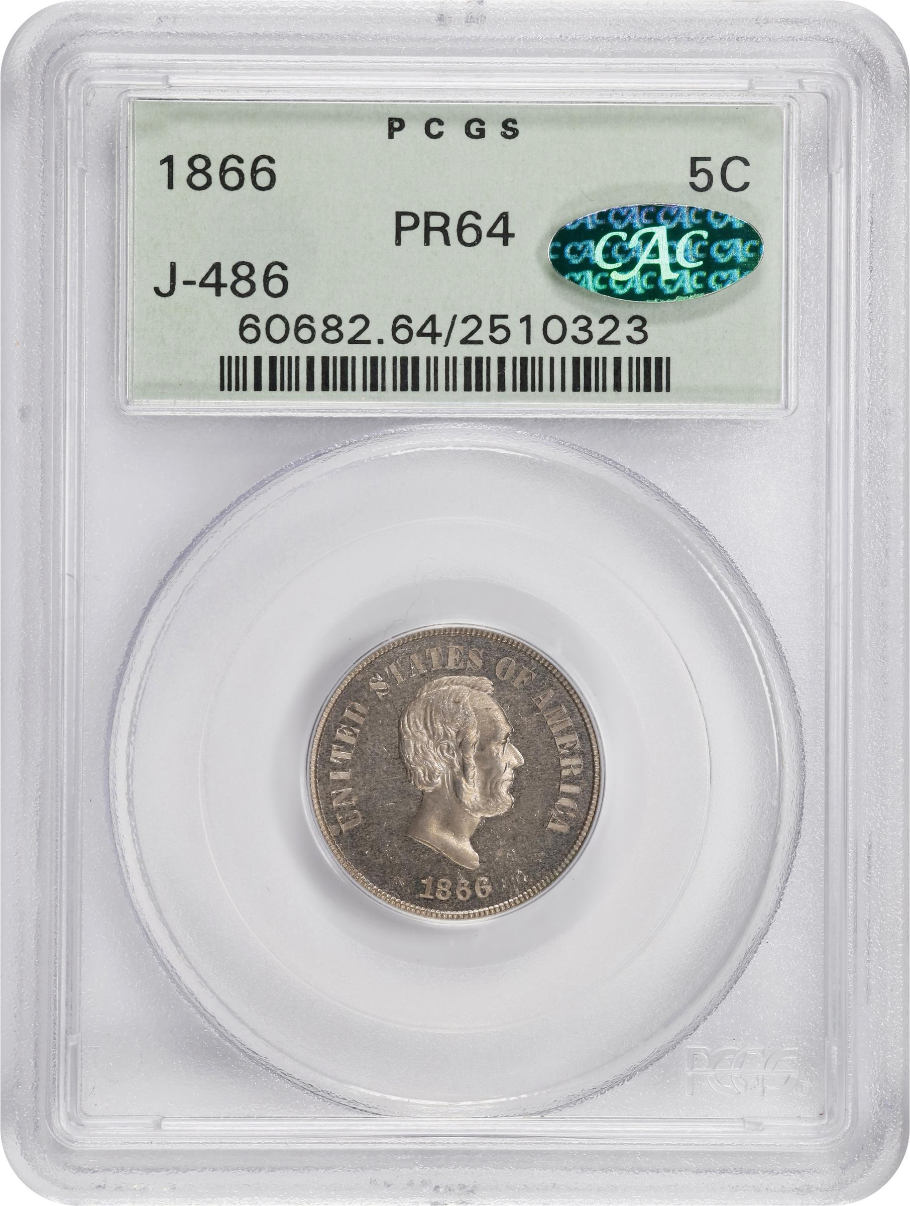 image for: 1866 Pattern Lincoln Five Cents. Judd-486, Pollock-575, Cunningham 15-510N, King-525. Rarity-7-. Nickel. Plain Edge. Proof-64 (PCGS). CAC. CMQ. OGH.