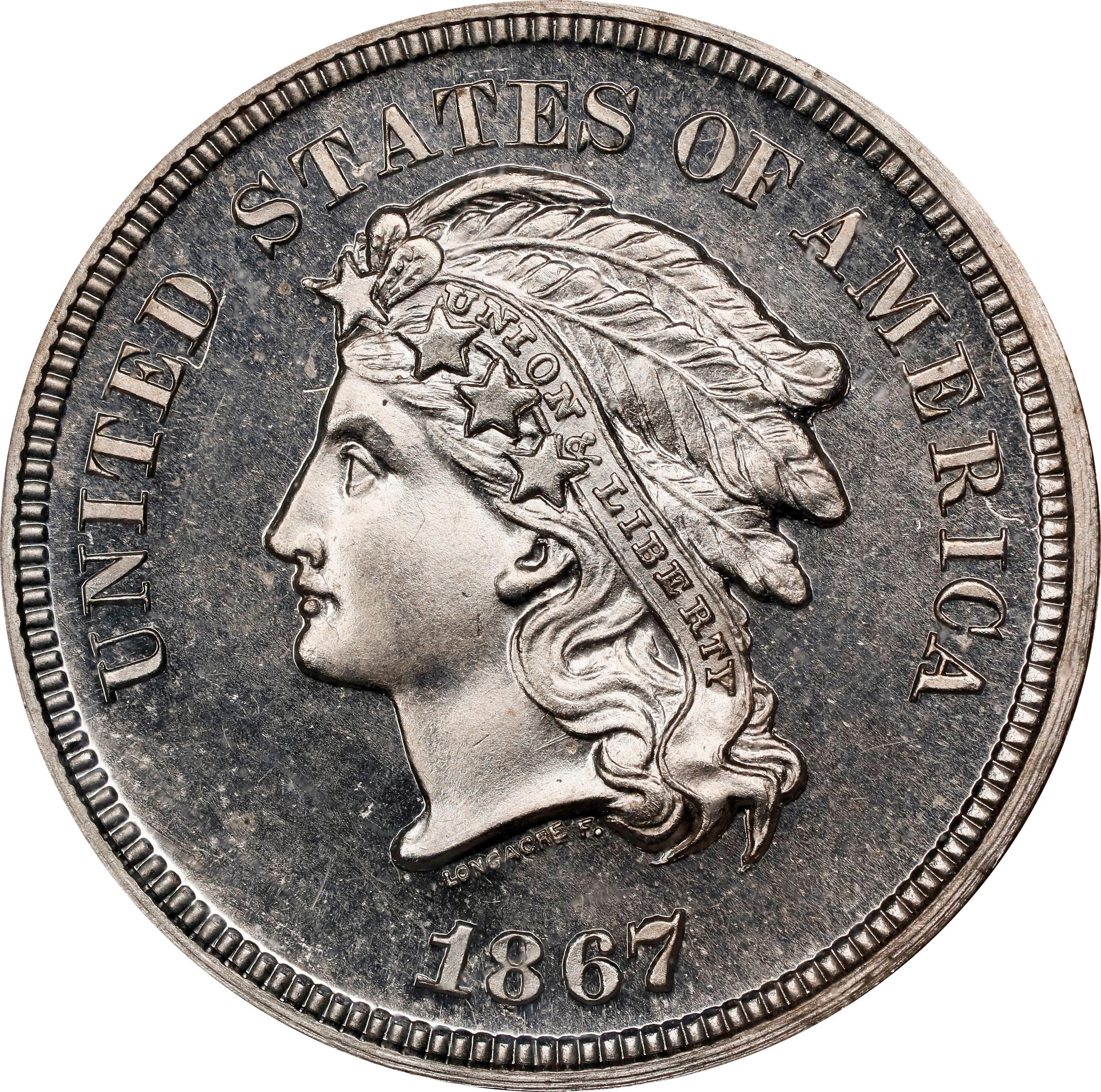 image for: 1867 Patten Five Cents. Judd-565, Pollock-626. Rarity-8. Nickel. Plain Edge. Proof-66 Cameo (NGC).