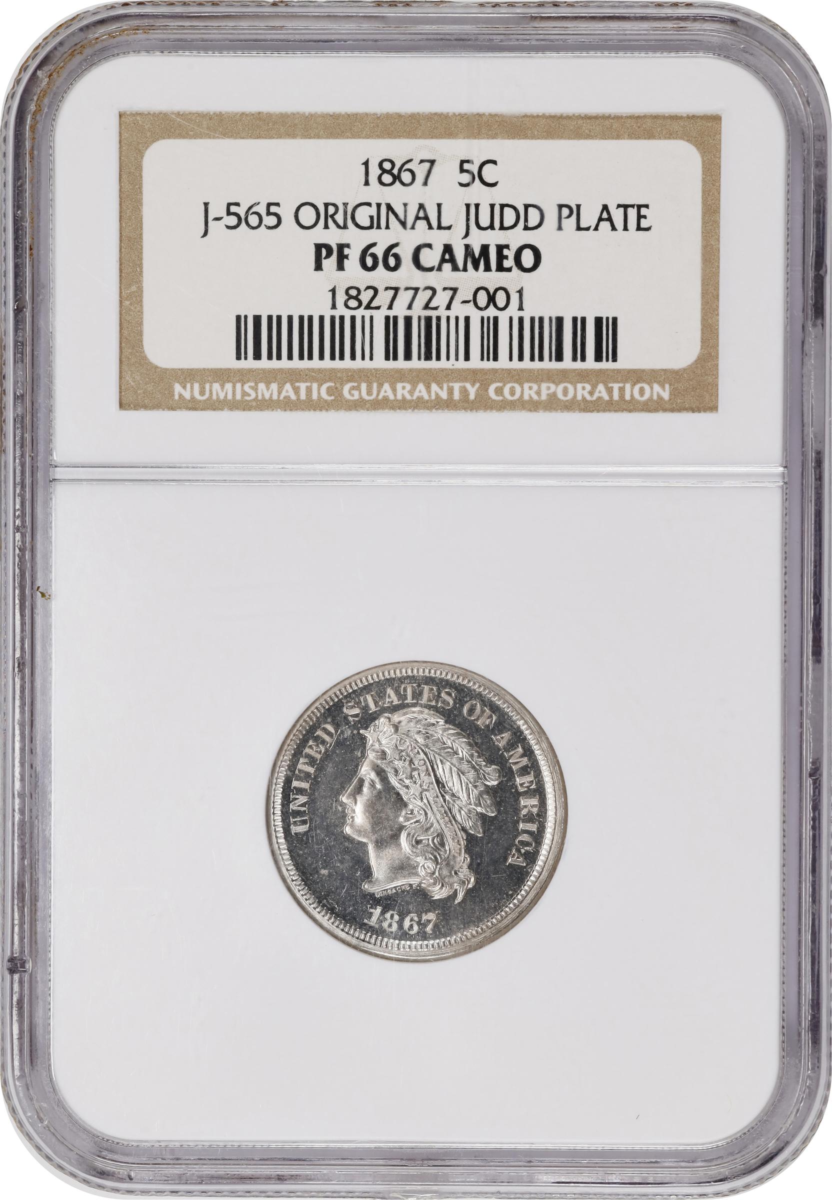 image for: 1867 Patten Five Cents. Judd-565, Pollock-626. Rarity-8. Nickel. Plain Edge. Proof-66 Cameo (NGC).