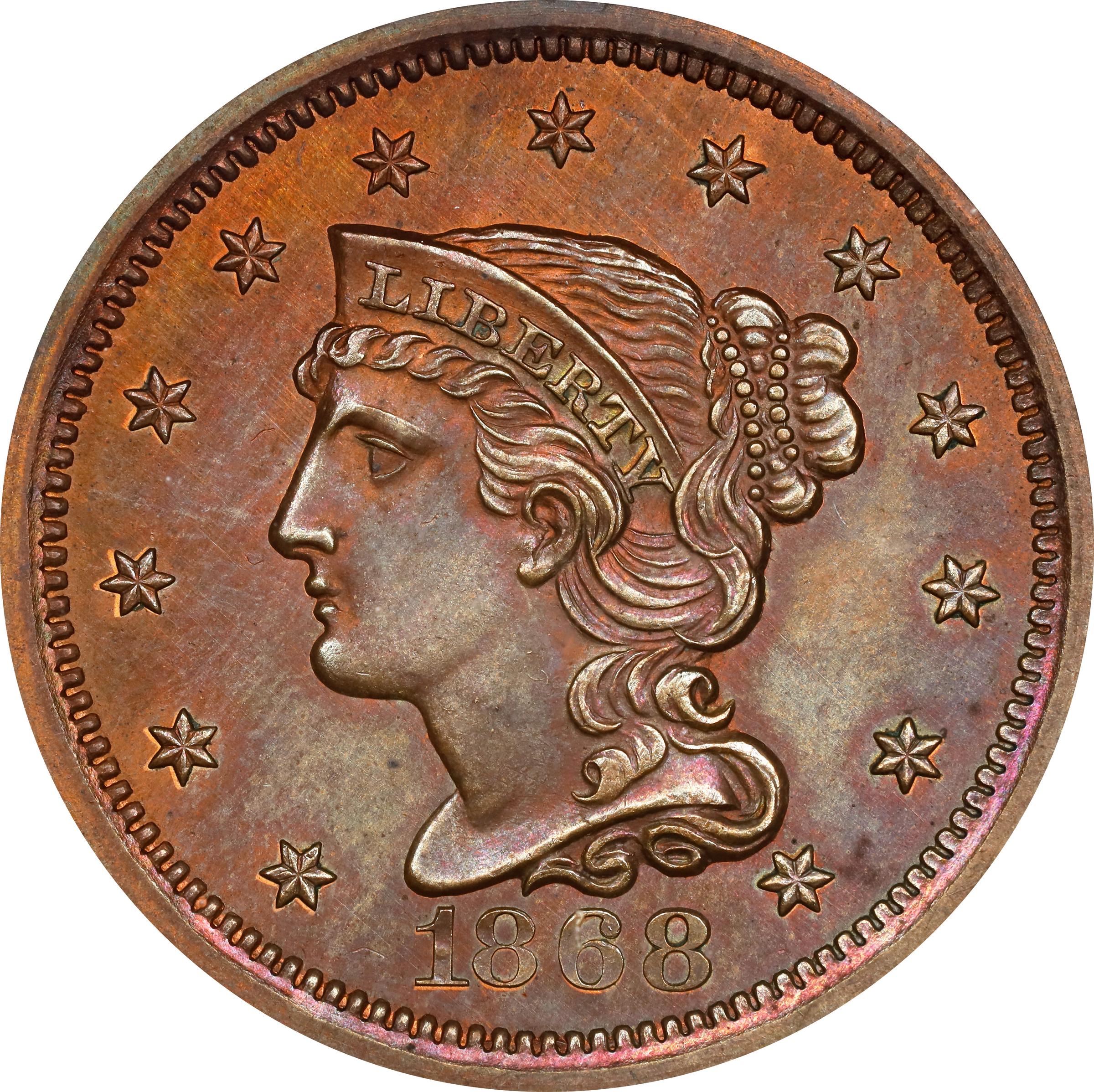image for: 1868 "Pattern" Braided Hair Cent. Judd-611, Pollock-676. Rarity-7-. Copper. Plain Edge. Proof-65 RB (PCGS). OGH.