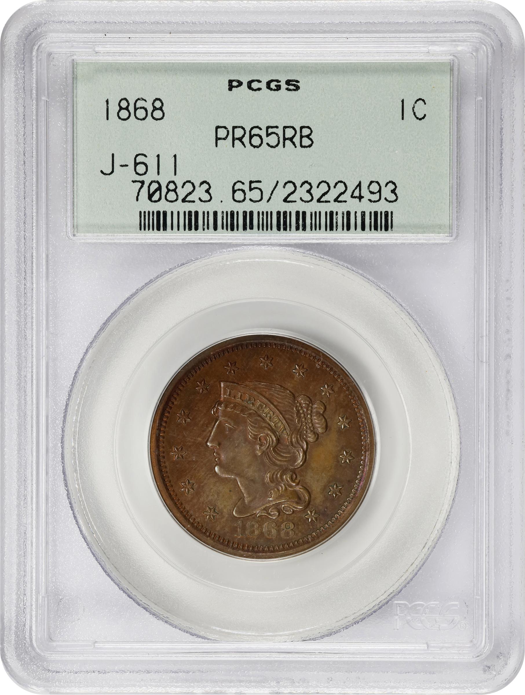 image for: 1868 "Pattern" Braided Hair Cent. Judd-611, Pollock-676. Rarity-7-. Copper. Plain Edge. Proof-65 RB (PCGS). OGH.