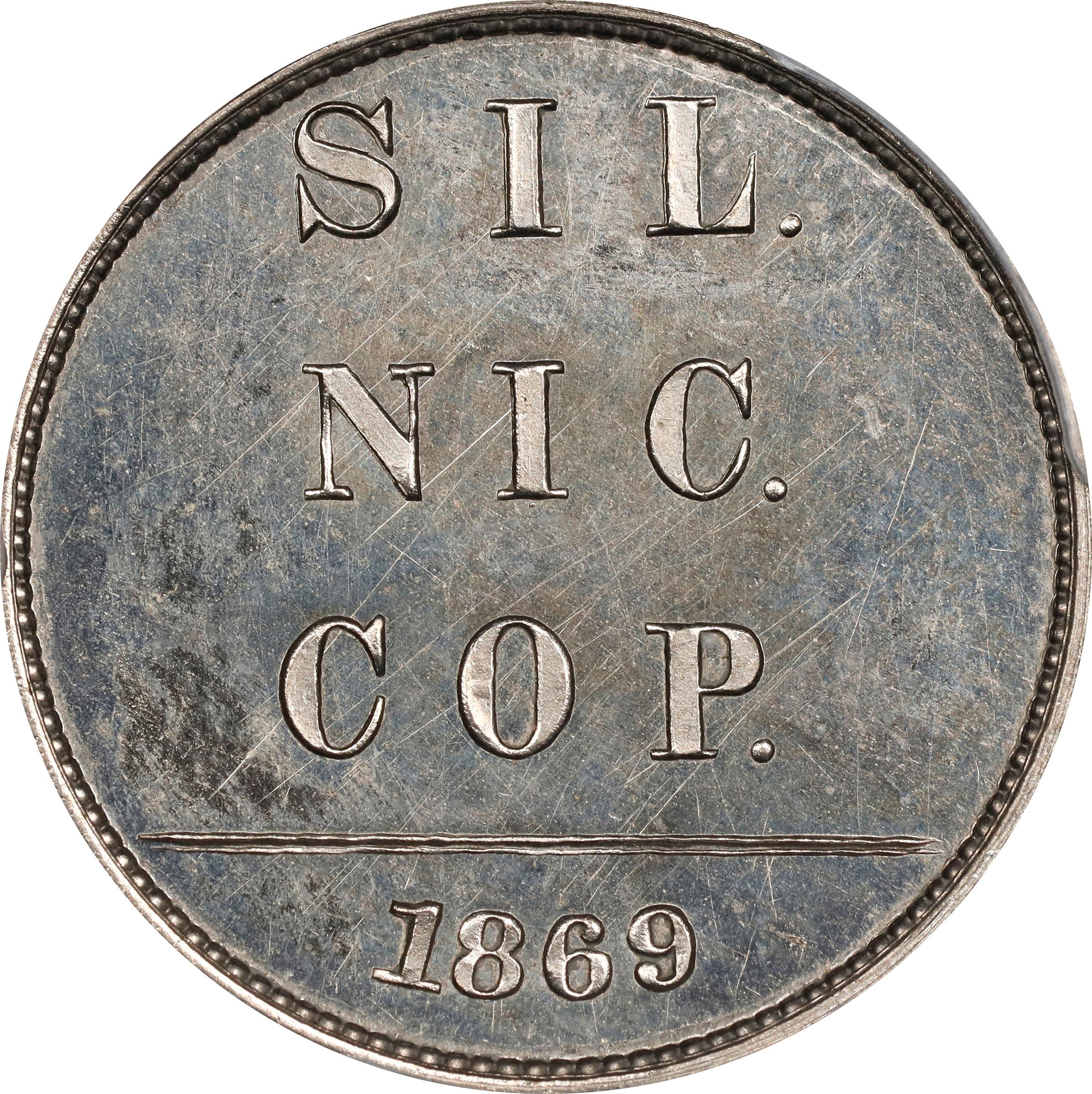 image for: 1869 Pattern Liberty Seated Dime. Judd-717a, Pollock-798. Rarity-7+. Nickel Alloy. Reeded Edge. Proof-65 Cameo (PCGS). CAC. Retro Doily Holder.