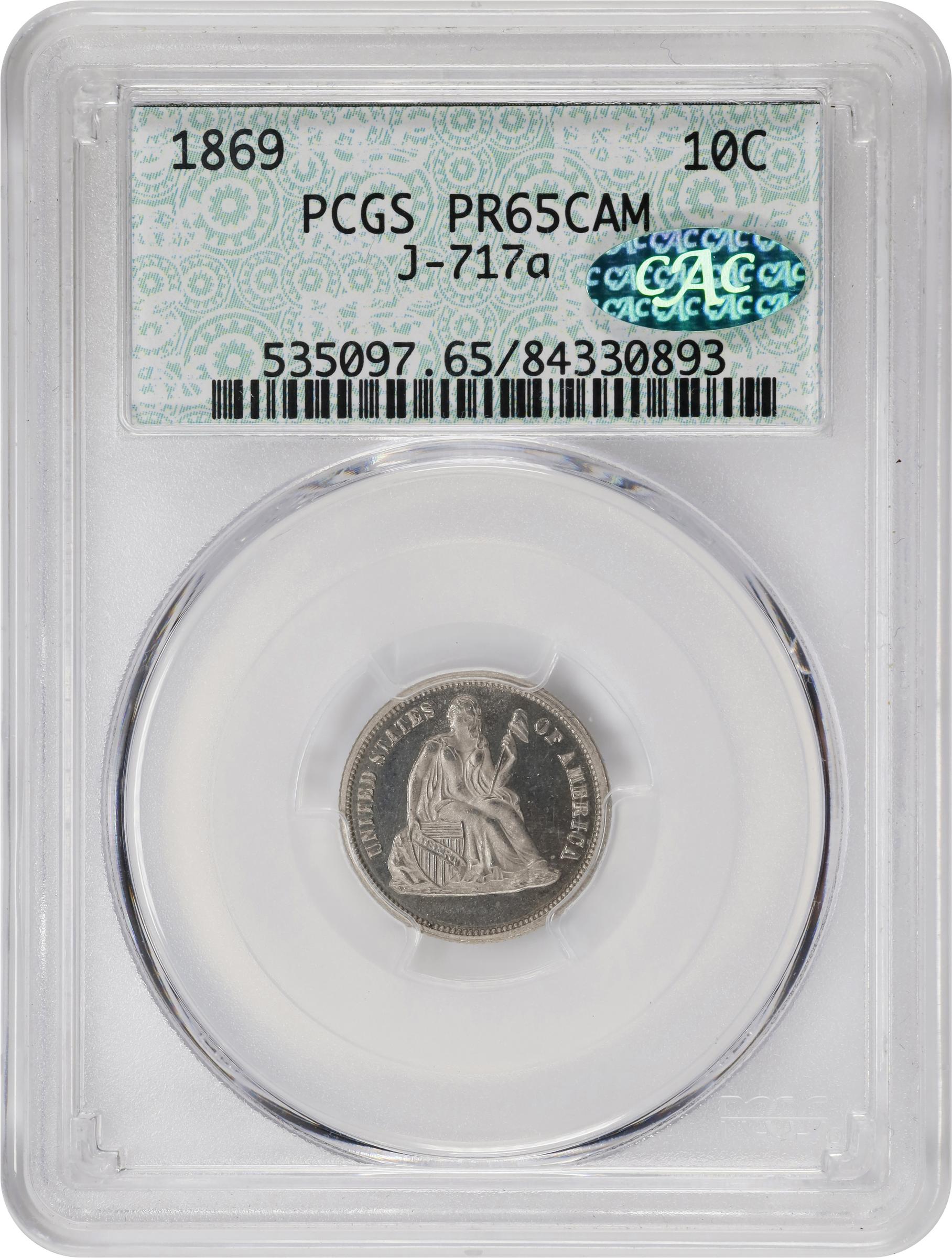 image for: 1869 Pattern Liberty Seated Dime. Judd-717a, Pollock-798. Rarity-7+. Nickel Alloy. Reeded Edge. Proof-65 Cameo (PCGS). CAC. Retro Doily Holder.