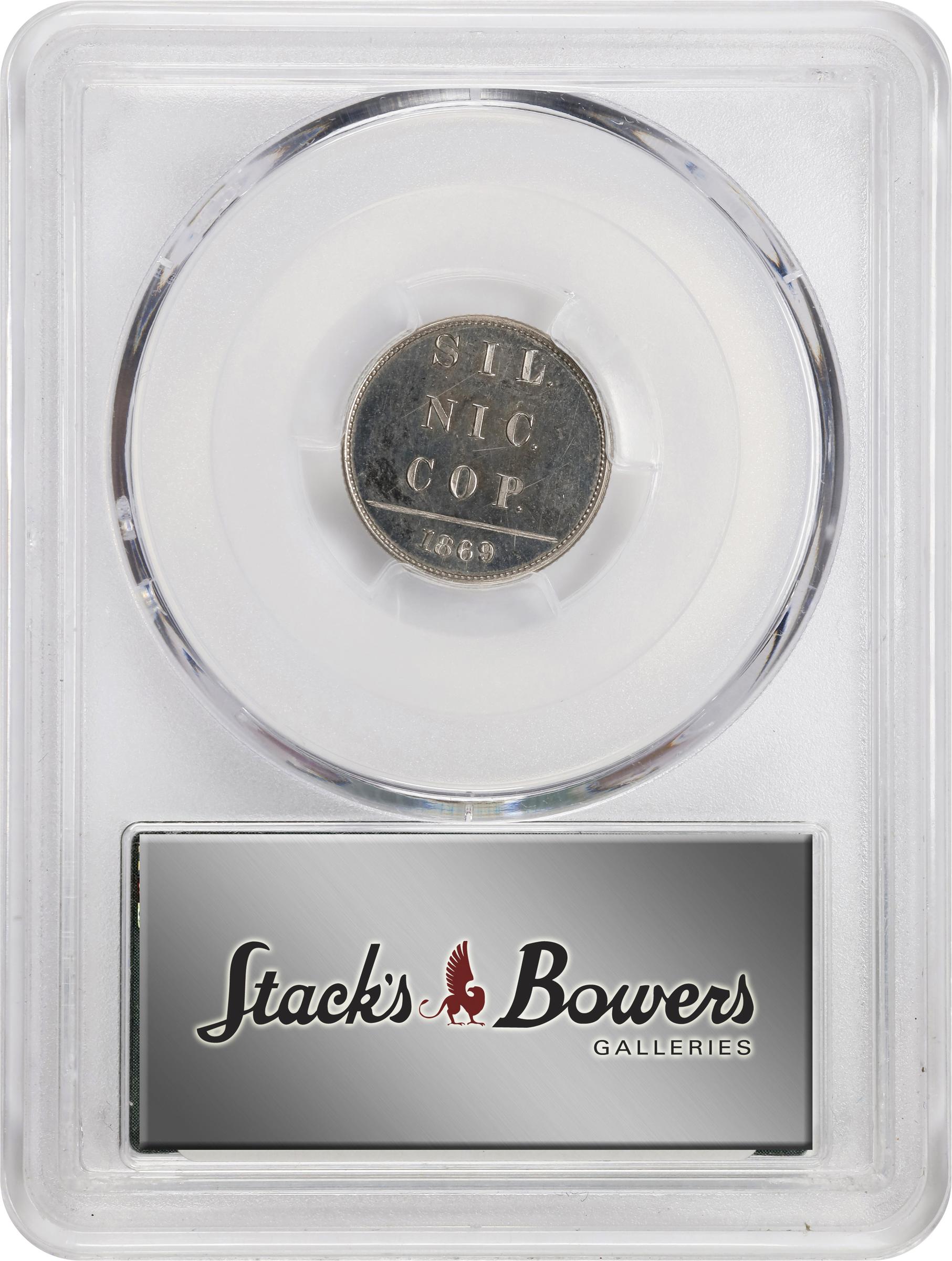 image for: 1869 Pattern Liberty Seated Dime. Judd-717a, Pollock-798. Rarity-7+. Nickel Alloy. Reeded Edge. Proof-65 Cameo (PCGS). CAC. Retro Doily Holder.