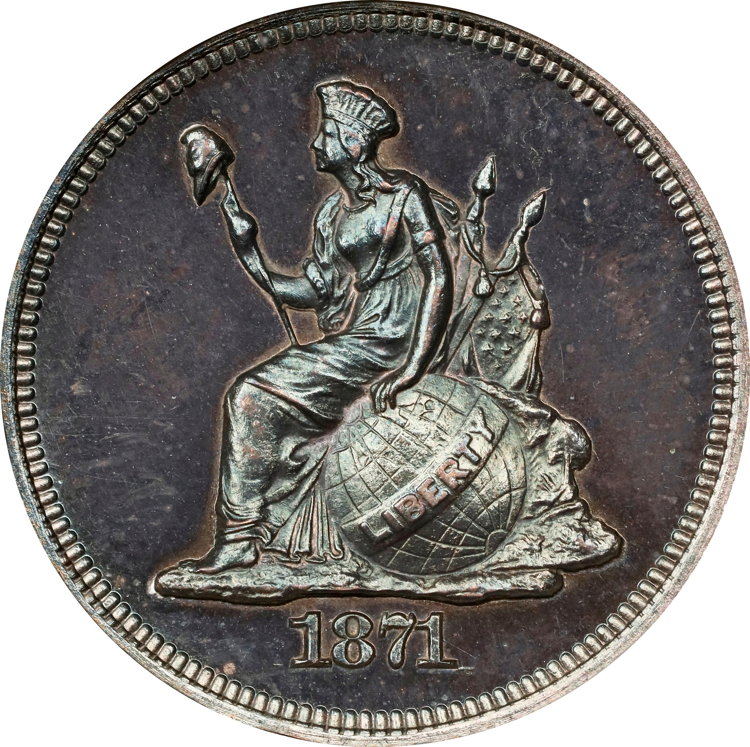image for: 1871 Pattern Dime. Judd-1077, Pollock-1213. Rarity-7+. Silver. Reeded Edge. Proof-65 (NGC). CAC.