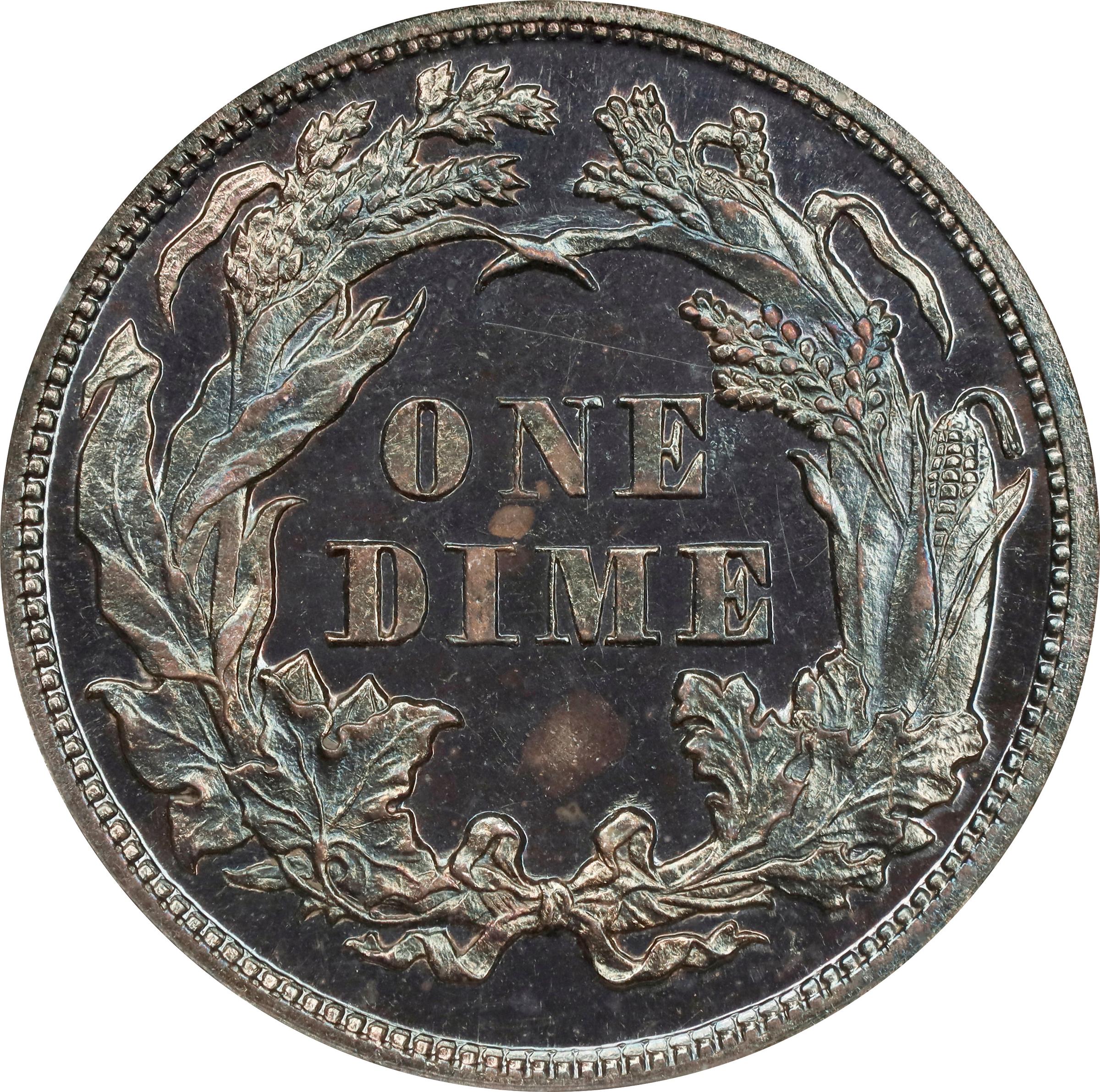 image for: 1871 Pattern Dime. Judd-1077, Pollock-1213. Rarity-7+. Silver. Reeded Edge. Proof-65 (NGC). CAC.