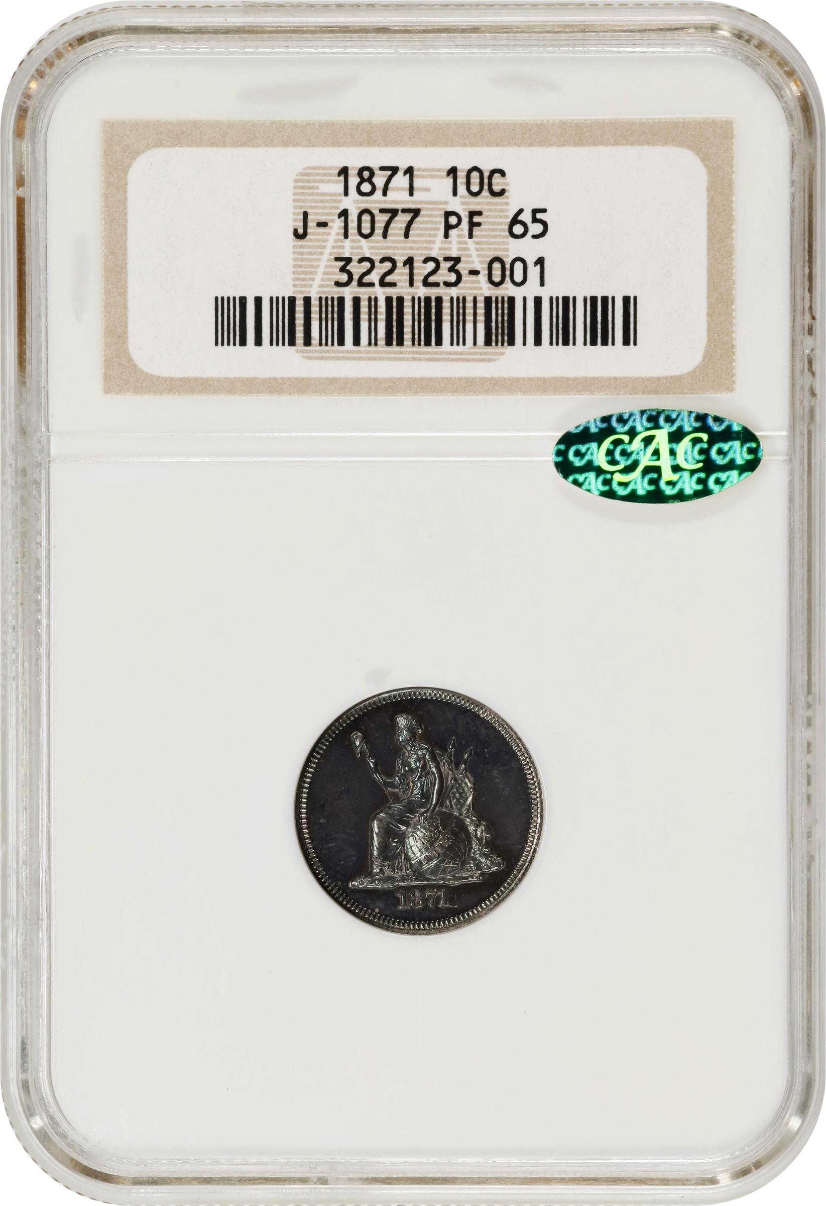 image for: 1871 Pattern Dime. Judd-1077, Pollock-1213. Rarity-7+. Silver. Reeded Edge. Proof-65 (NGC). CAC.