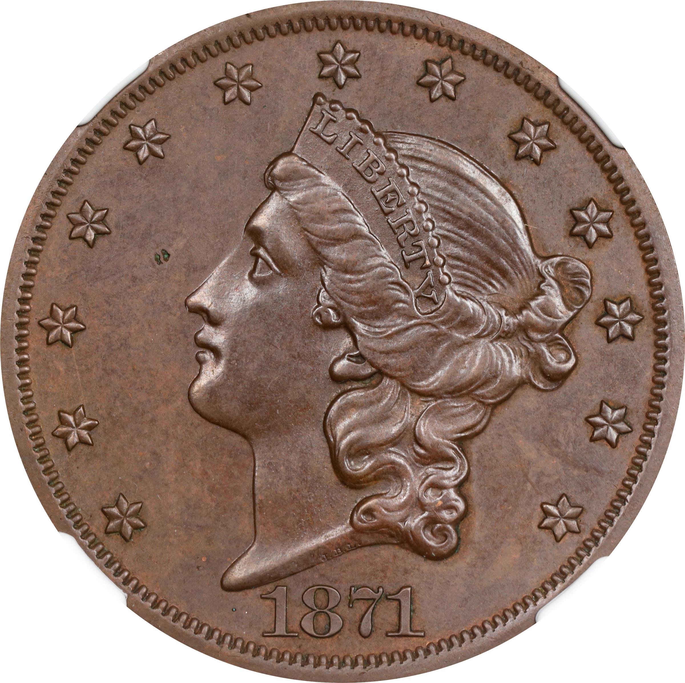 image for: 1871 Pattern Liberty Head Double Eagle. Judd-1176, Pollock-1318. Rarity-7+. Copper. Reeded Edge. Proof-63 BN (NGC).