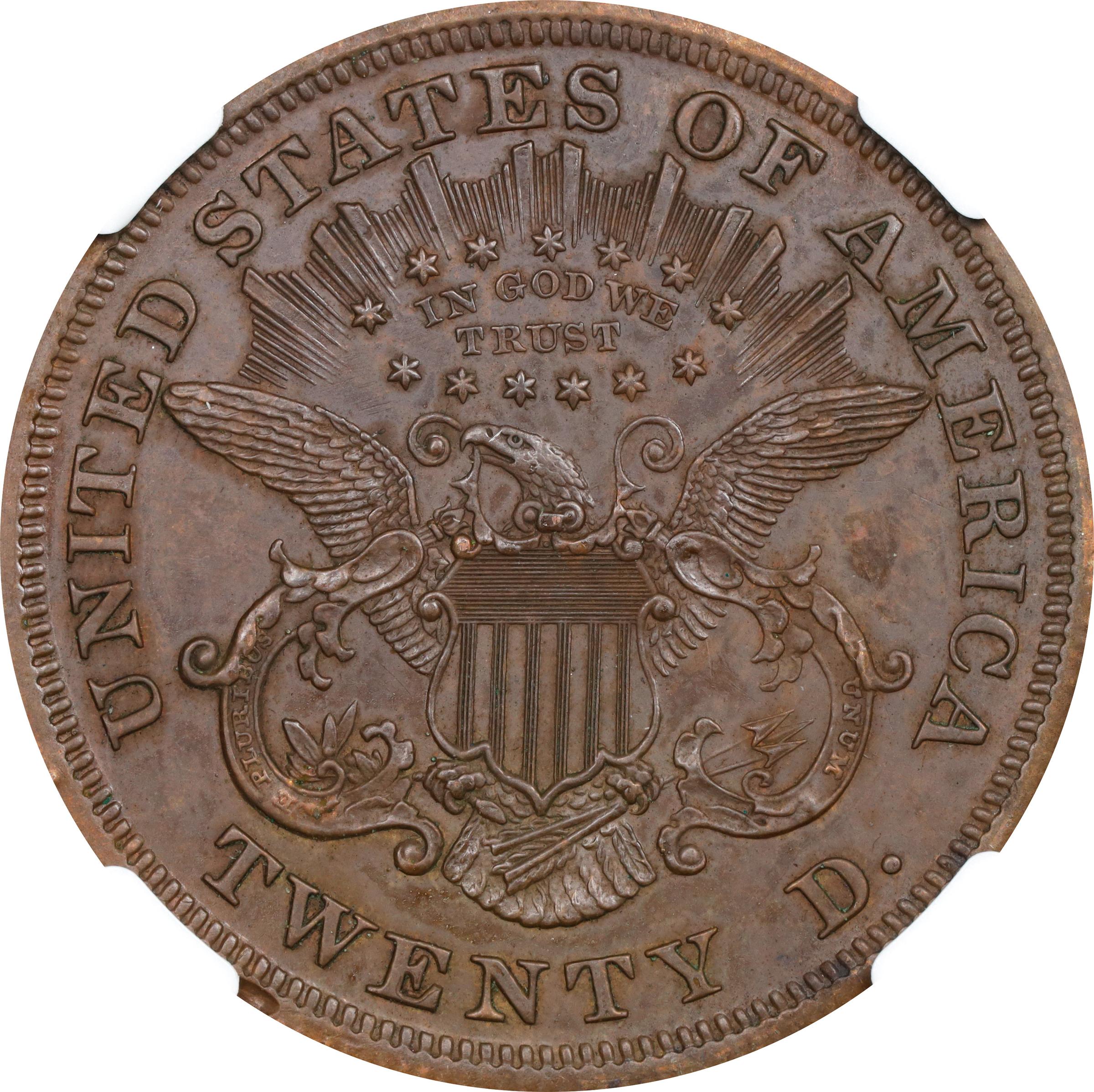 image for: 1871 Pattern Liberty Head Double Eagle. Judd-1176, Pollock-1318. Rarity-7+. Copper. Reeded Edge. Proof-63 BN (NGC).