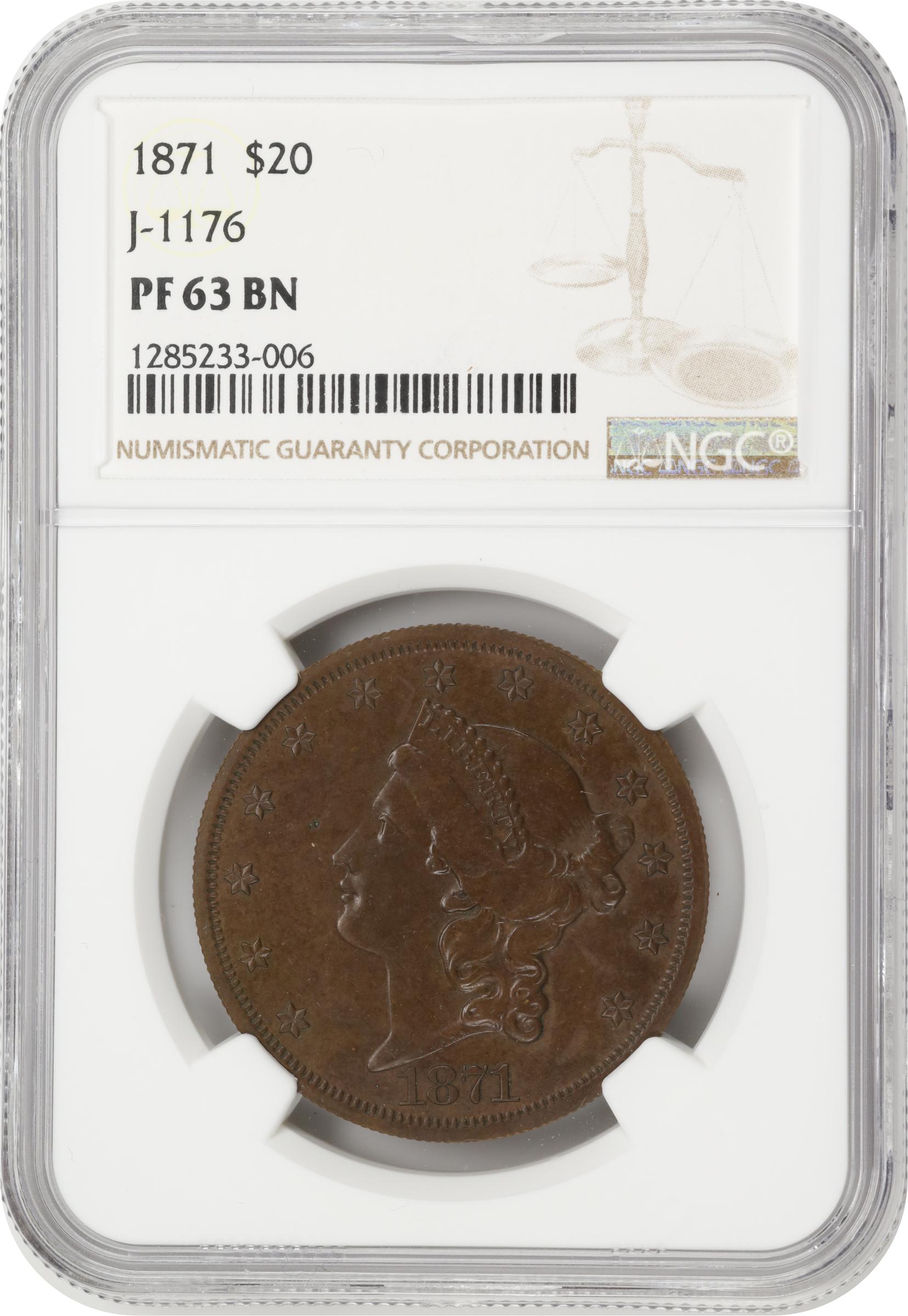 image for: 1871 Pattern Liberty Head Double Eagle. Judd-1176, Pollock-1318. Rarity-7+. Copper. Reeded Edge. Proof-63 BN (NGC).