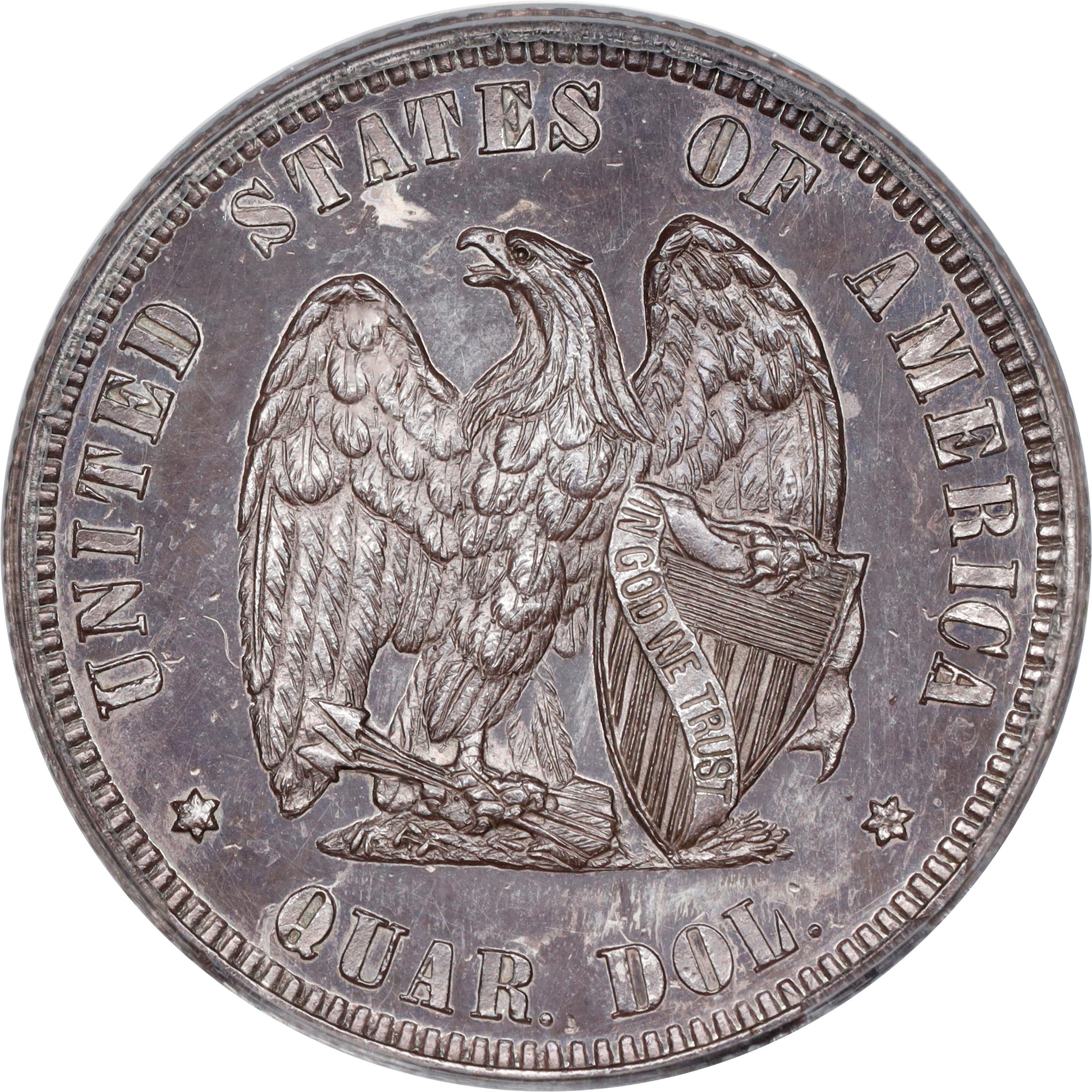 image for: 1872 Pattern Amazonian Quarter Dollar. Judd-1195, Pollock-1335. Rarity-7-. Silver. Reeded Edge. Proof-64 (PCGS). OGH.