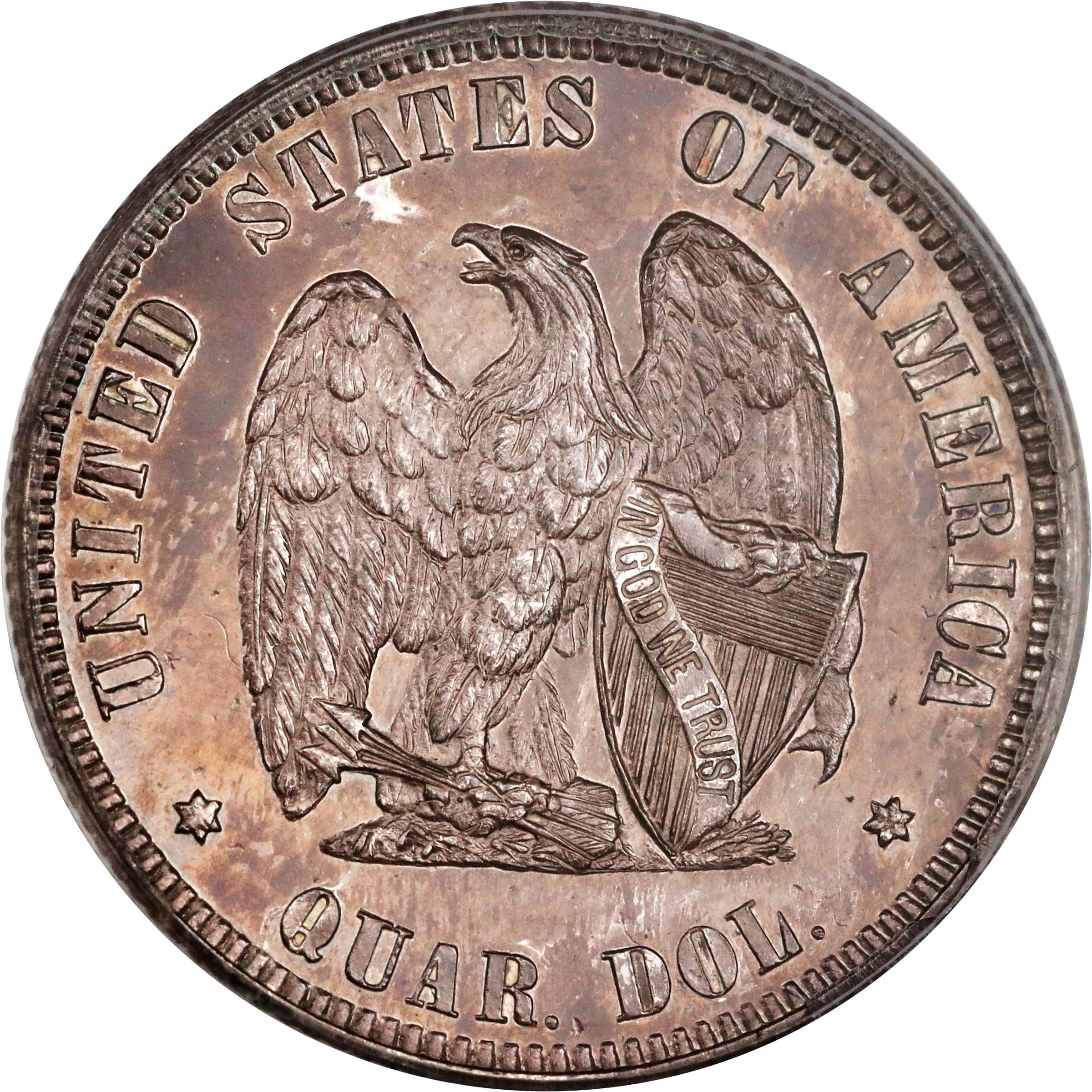 image for: 1872 Pattern Amazonian Quarter Dollar. Judd-1195, Pollock-1335. Rarity-7-. Silver. Reeded Edge. Proof-64 (PCGS). OGH.
