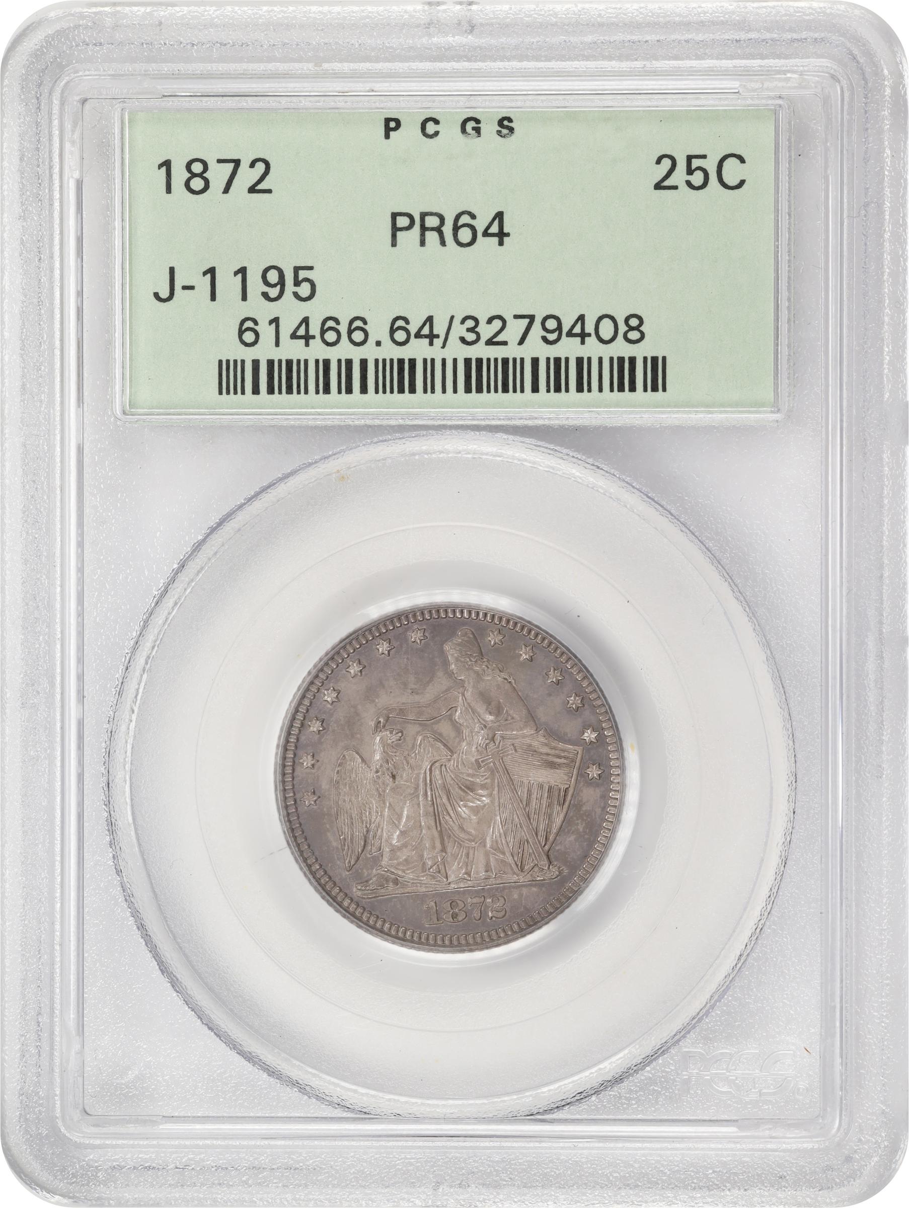 image for: 1872 Pattern Amazonian Quarter Dollar. Judd-1195, Pollock-1335. Rarity-7-. Silver. Reeded Edge. Proof-64 (PCGS). OGH.