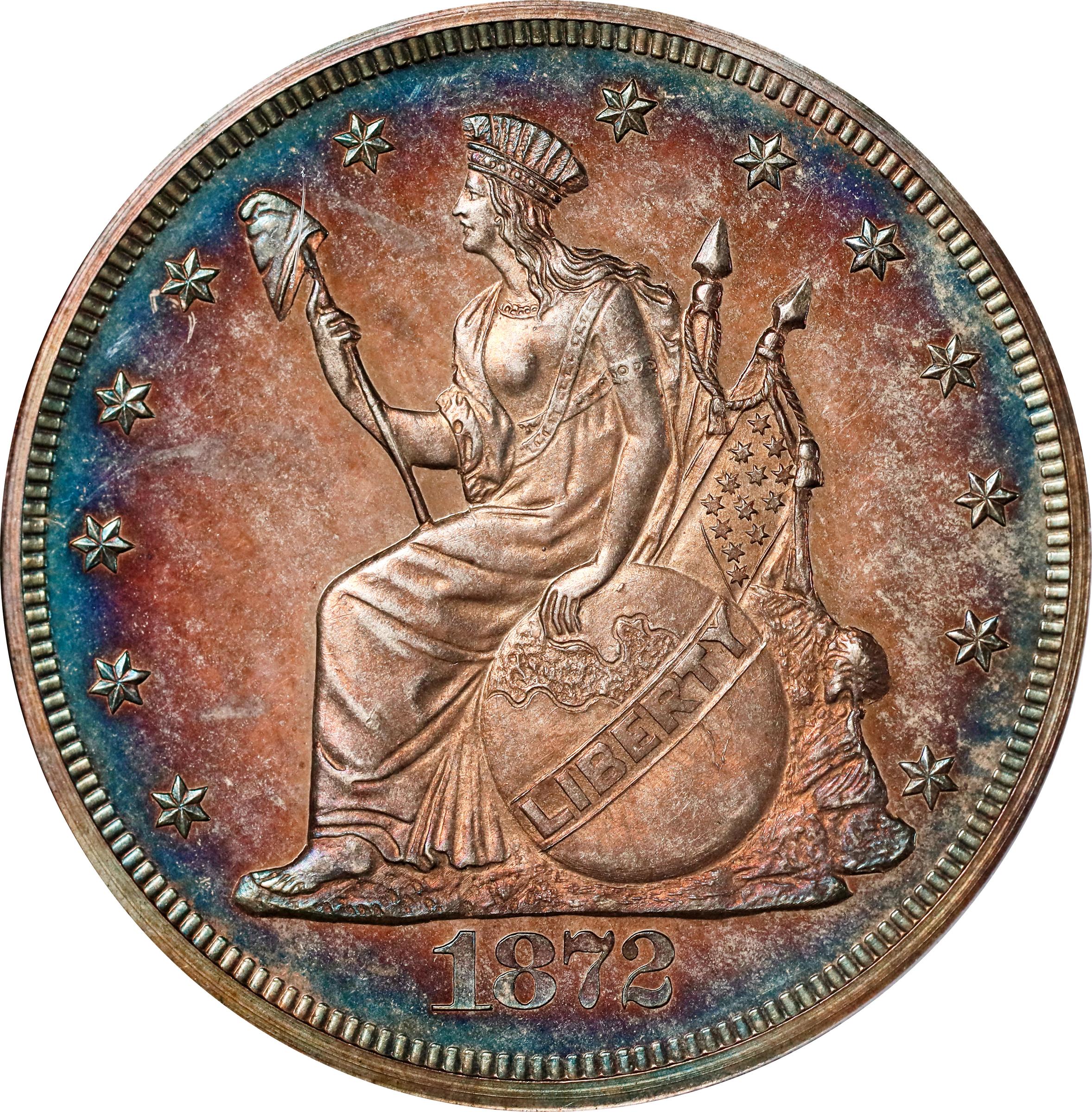 image for: 1872 Pattern Commercial Dollar. Judd-1215, Pollock-1356. Rarity-7-. Silver. Plain Edge. Proof-64 (PCGS). CAC. CMQ.