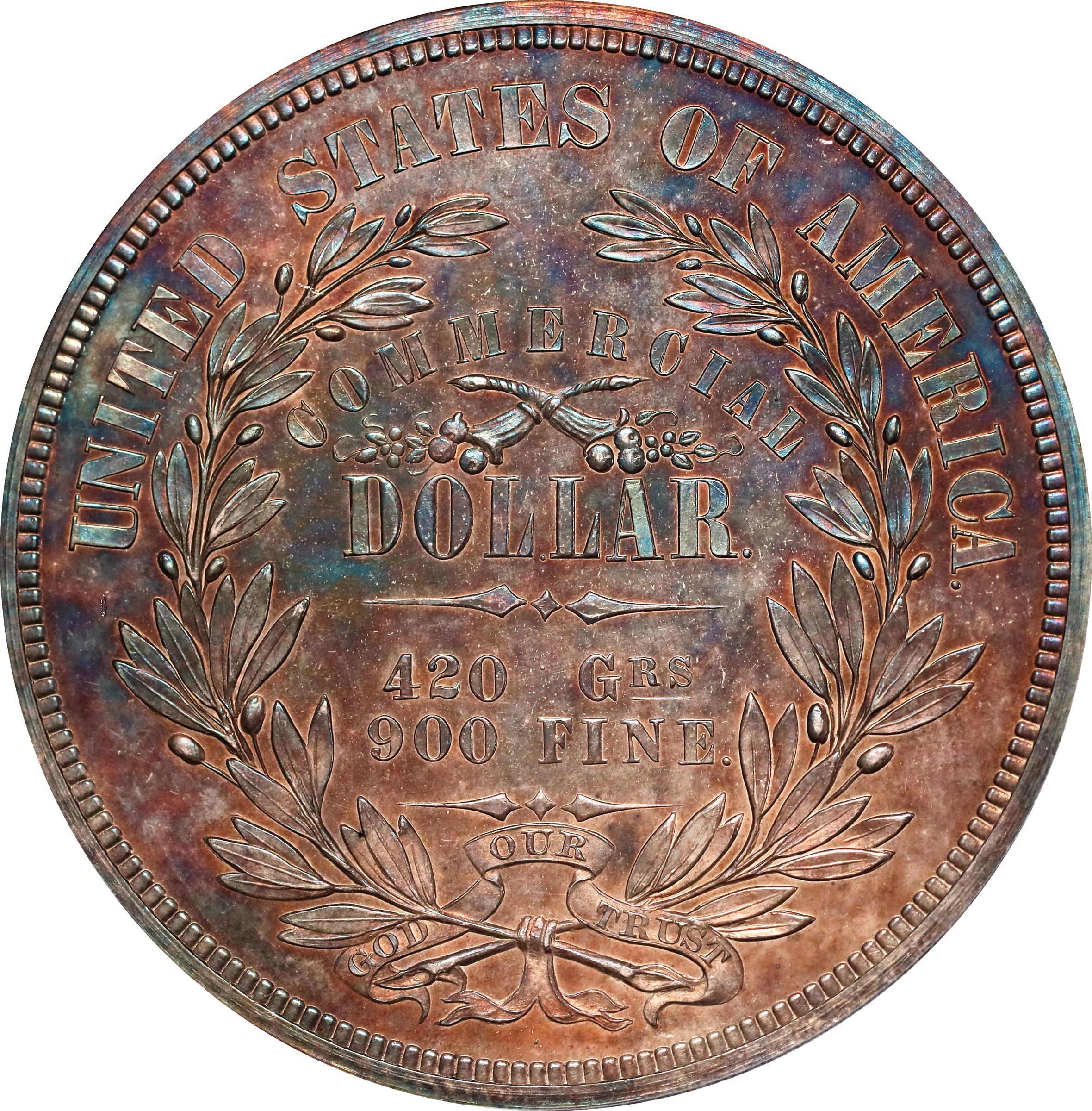 image for: 1872 Pattern Commercial Dollar. Judd-1215, Pollock-1356. Rarity-7-. Silver. Plain Edge. Proof-64 (PCGS). CAC. CMQ.