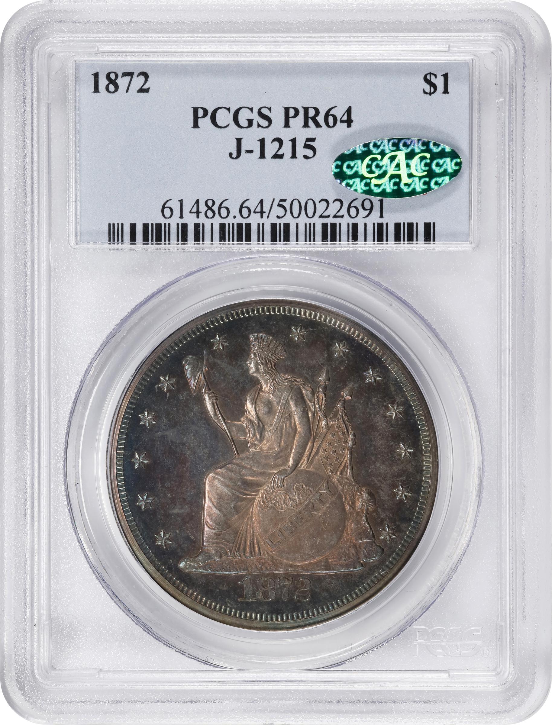 image for: 1872 Pattern Commercial Dollar. Judd-1215, Pollock-1356. Rarity-7-. Silver. Plain Edge. Proof-64 (PCGS). CAC. CMQ.