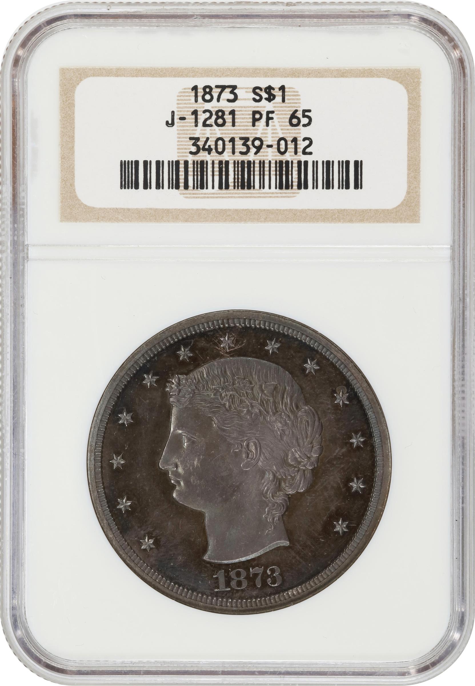 image for: 1873 Pattern Trade Dollar. Judd-1281, Pollock-1423. Rarity-4. Silver. Reeded Edge. Proof-65 (NGC).