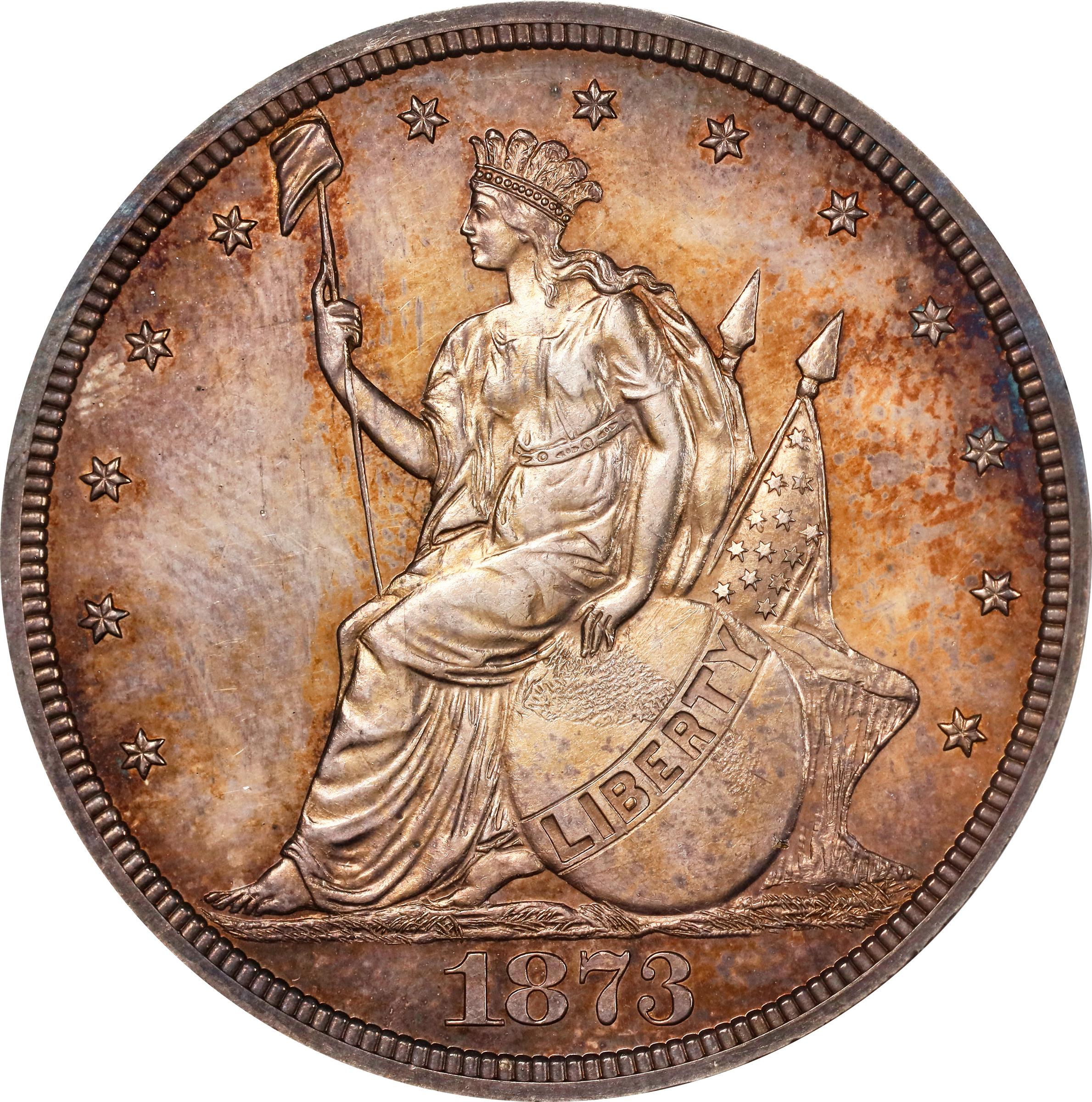 image for: 1873 Pattern Trade Dollar. Judd-1310, Pollock-1453. Rarity-4. Silver. Reeded Edge. Proof-64 (NGC). CAC. CMQ. OH.
