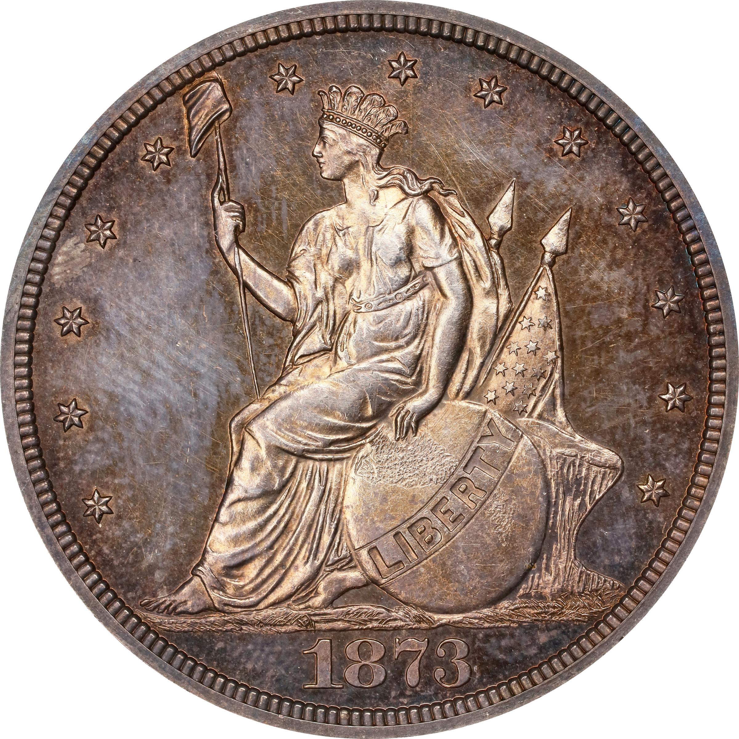 image for: 1873 Pattern Trade Dollar. Judd-1310, Pollock-1453. Rarity-4. Silver. Reeded Edge. Proof-64 (NGC). CAC. CMQ. OH.