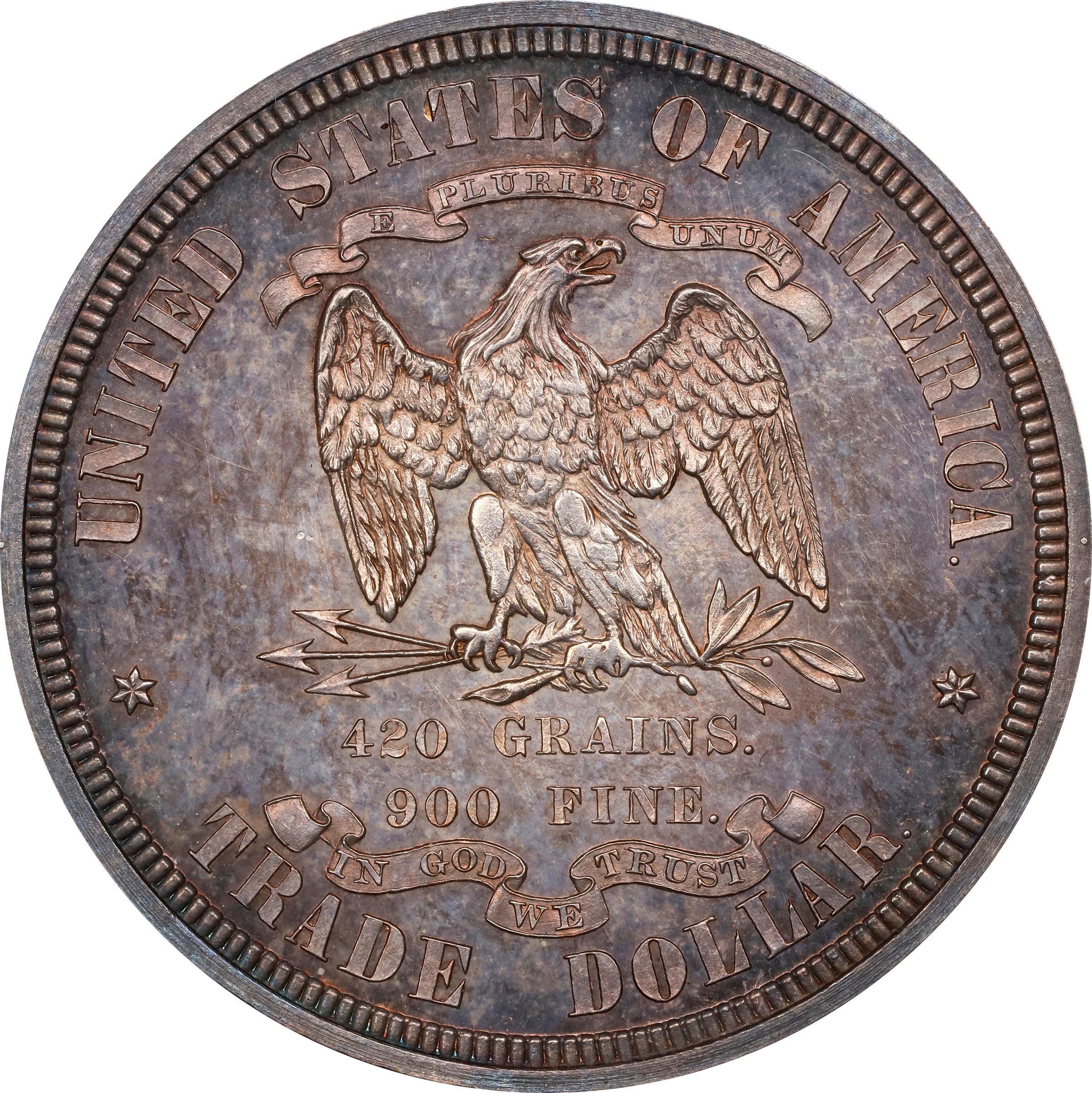 image for: 1873 Pattern Trade Dollar. Judd-1310, Pollock-1453. Rarity-4. Silver. Reeded Edge. Proof-64 (NGC). CAC. CMQ. OH.