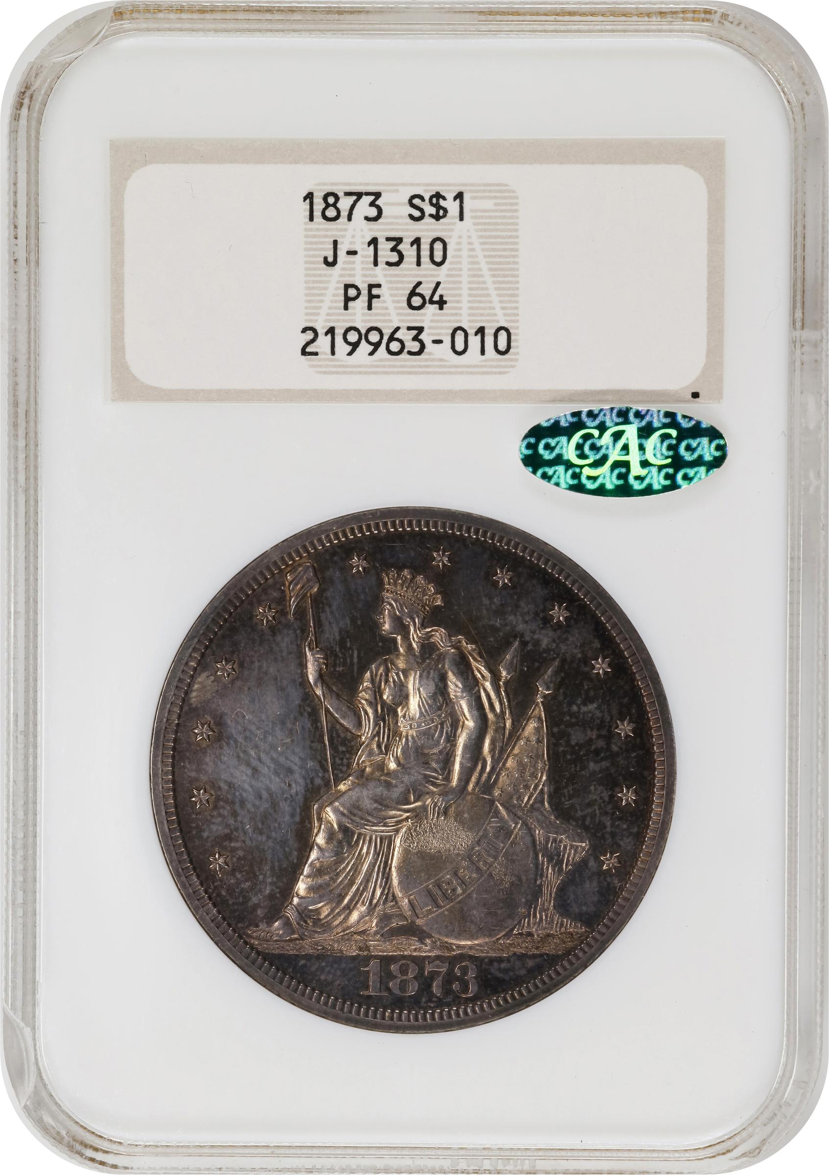 image for: 1873 Pattern Trade Dollar. Judd-1310, Pollock-1453. Rarity-4. Silver. Reeded Edge. Proof-64 (NGC). CAC. CMQ. OH.