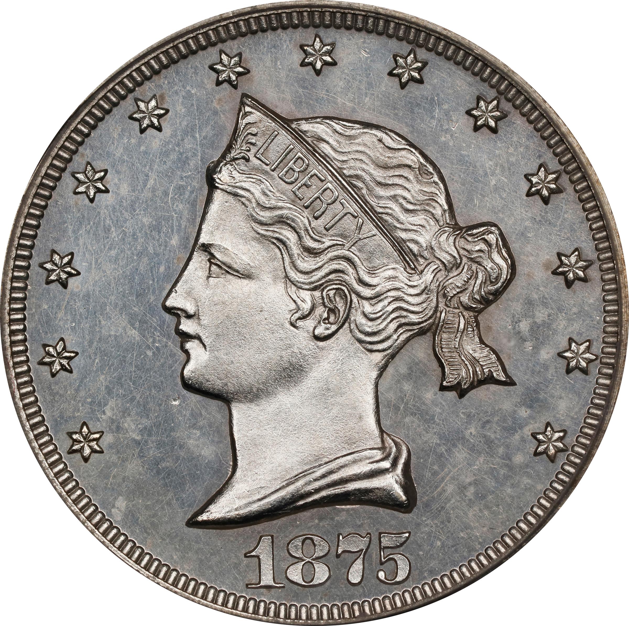 image for: 1875 Pattern Sailor Head Twenty Cents. Judd-1392, Pollock-1535. Rarity-6-. Silver. Plain Edge. Proof-63 (PCGS). CAC.