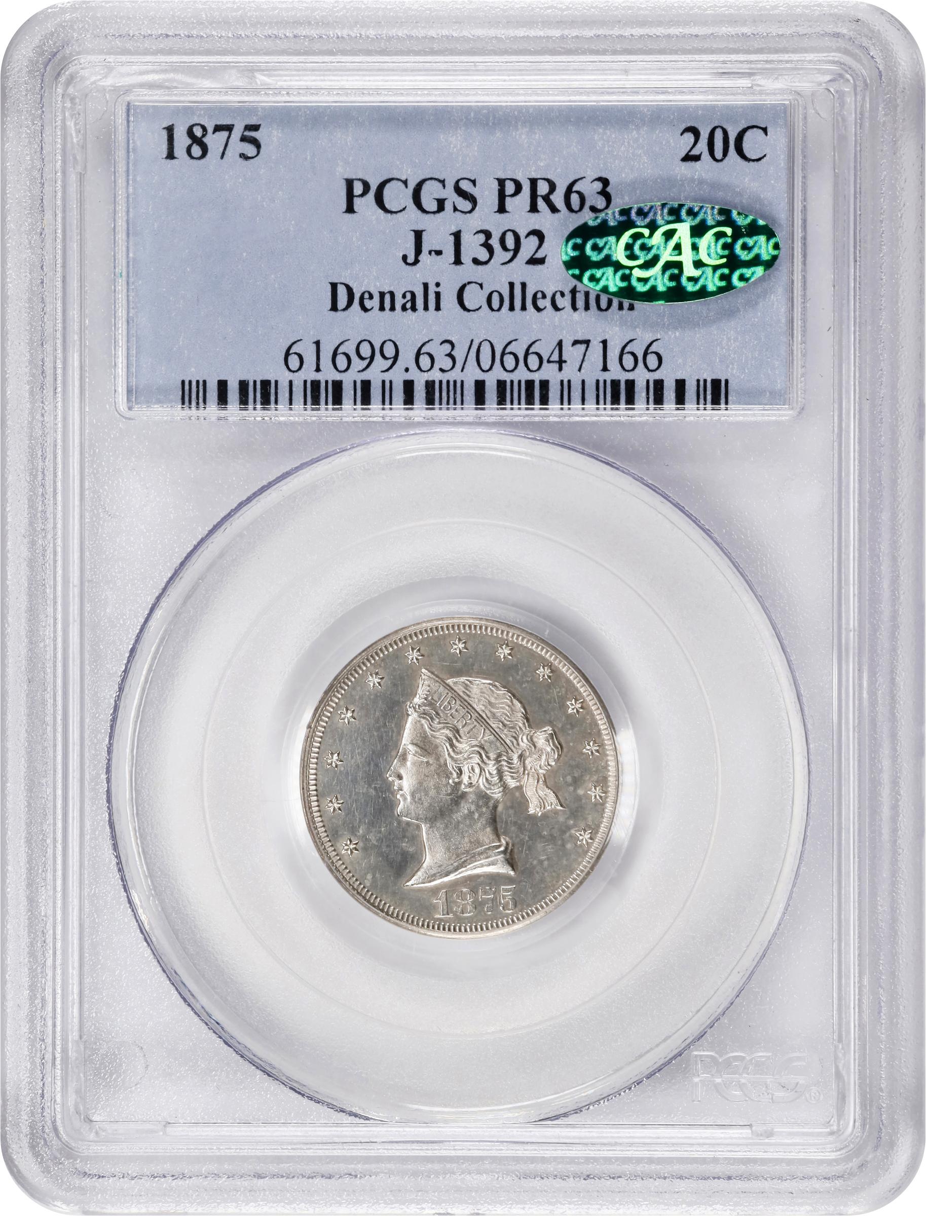 image for: 1875 Pattern Sailor Head Twenty Cents. Judd-1392, Pollock-1535. Rarity-6-. Silver. Plain Edge. Proof-63 (PCGS). CAC.