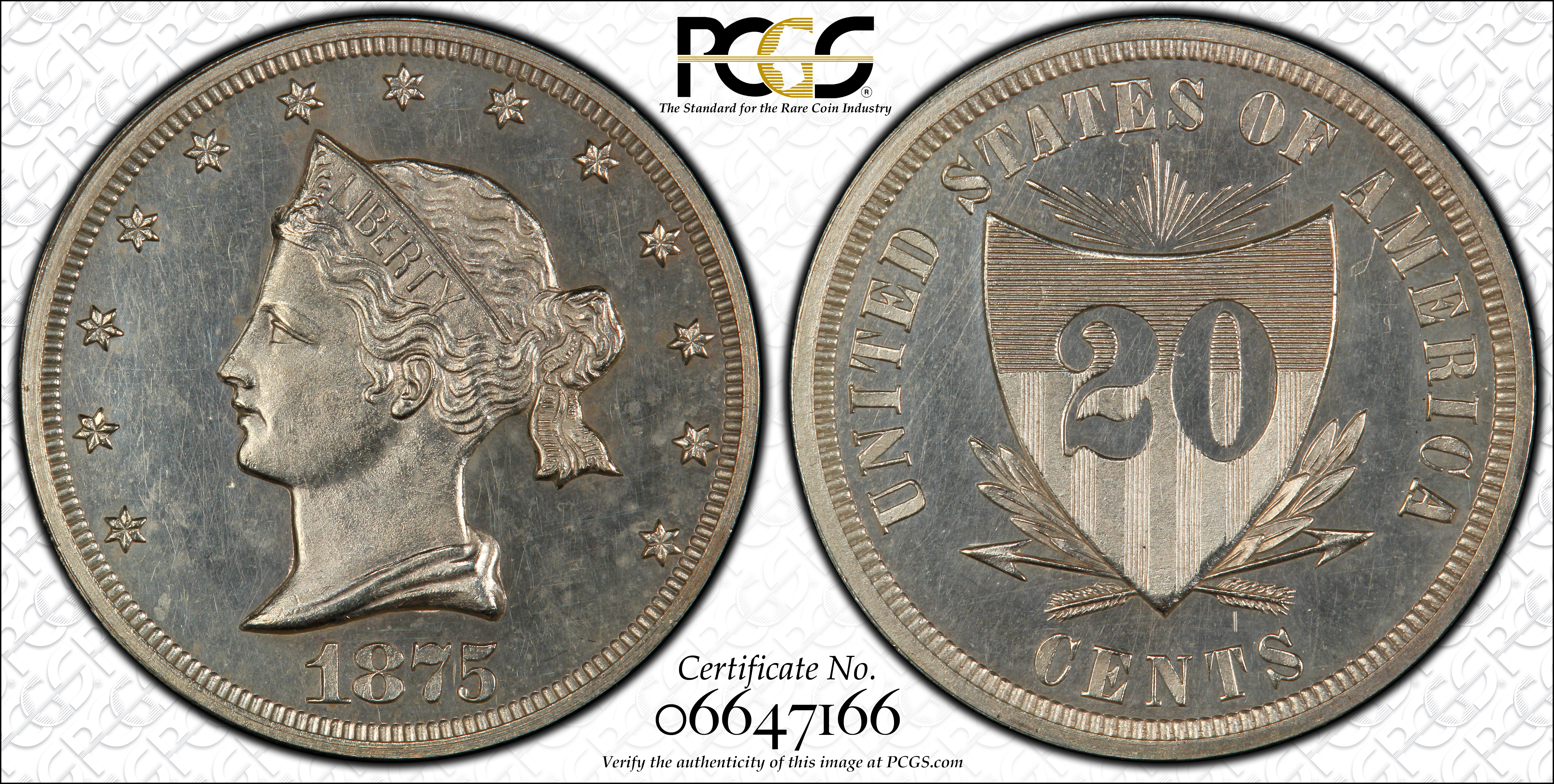 image for: 1875 Pattern Sailor Head Twenty Cents. Judd-1392, Pollock-1535. Rarity-6-. Silver. Plain Edge. Proof-63 (PCGS). CAC.