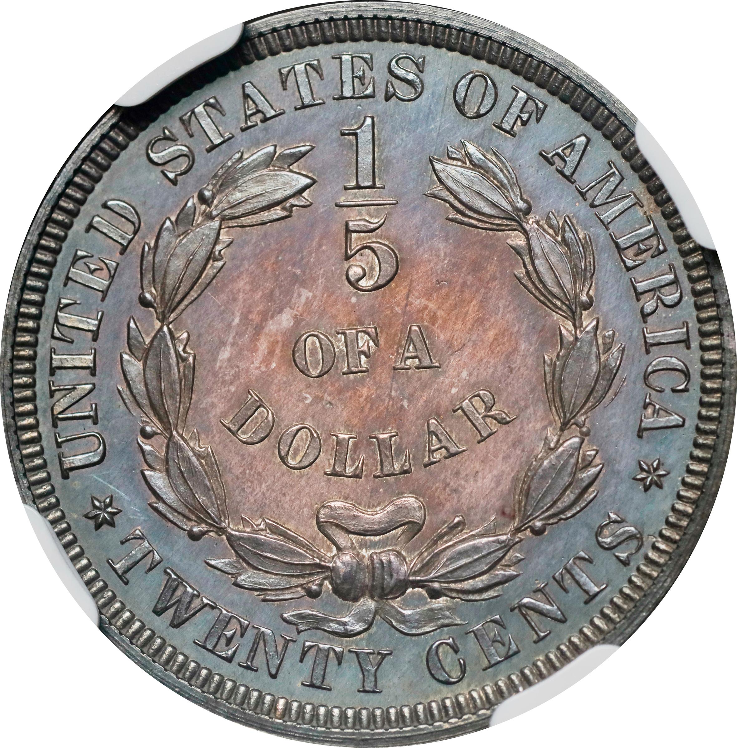 image for: 1875 Pattern Liberty by the Seashore Twenty Cents. Judd-1396, Pollock-1539. Rarity-7+. Silver. Plain Edge. Proof-63+ (NGC). CAC.