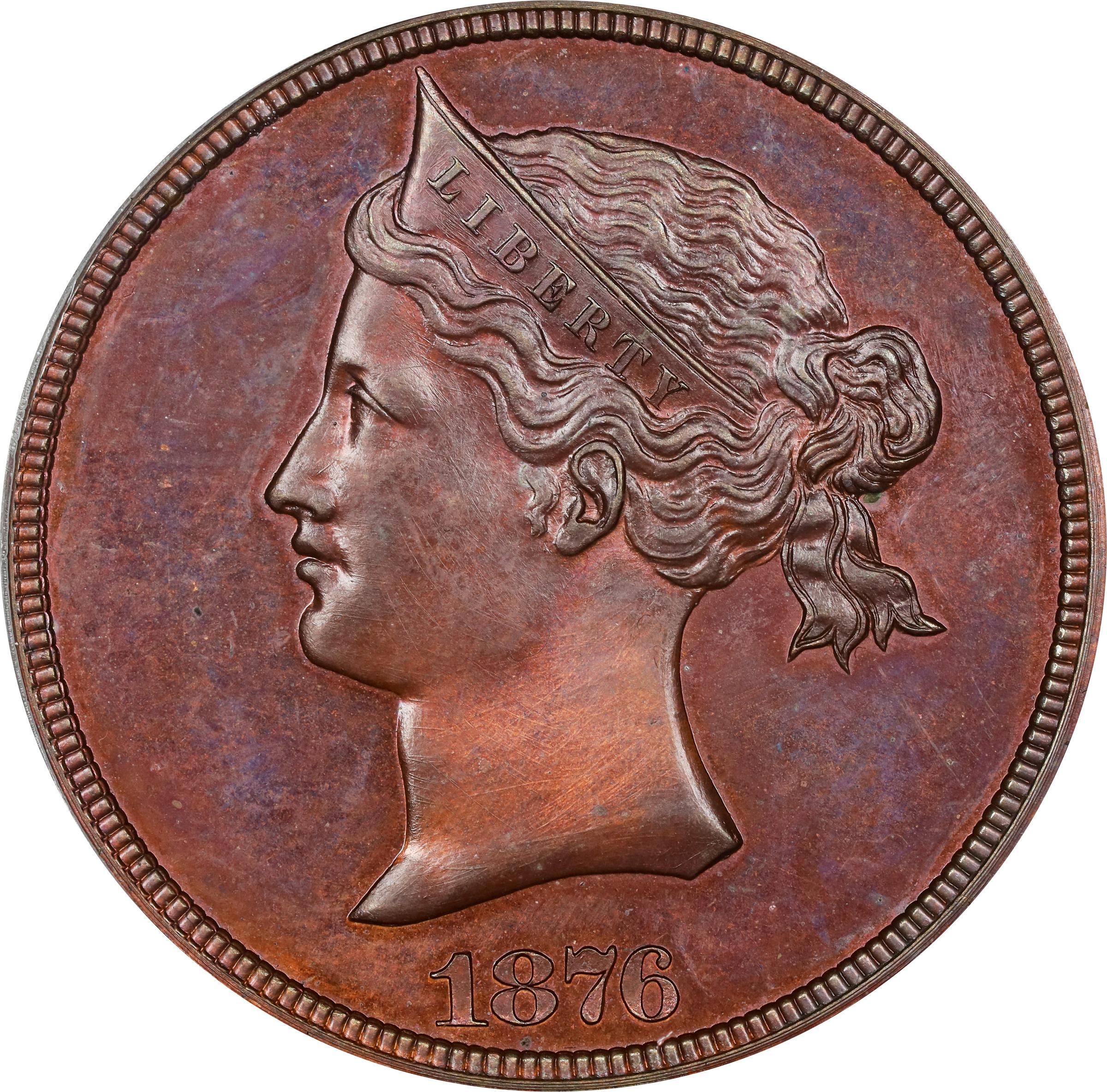 image for: 1876 Pattern Sailor Head Dollar. Judd 1458-a, Pollock-1607. Rarity-7+. Copper. Reeded Edge. Proof-66 RB (PCGS).