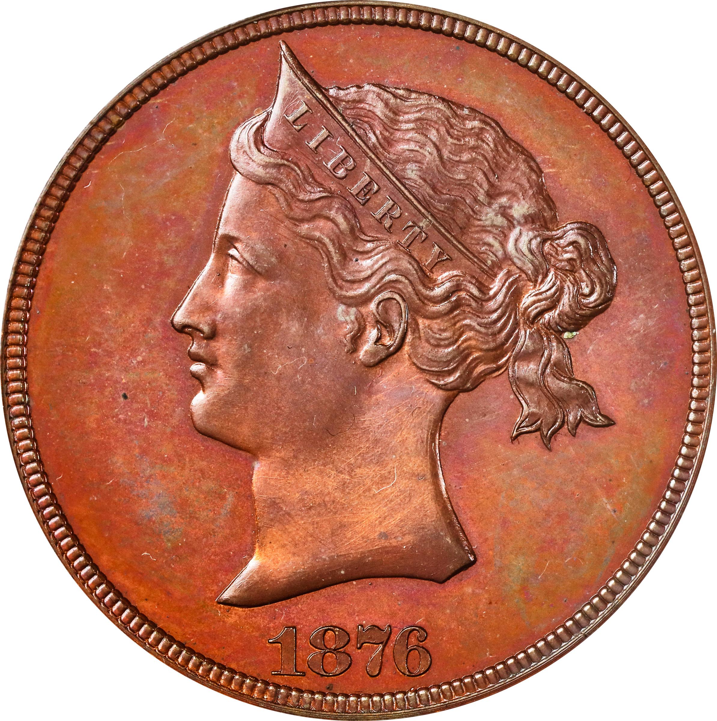 image for: 1876 Pattern Sailor Head Dollar. Judd 1458-a, Pollock-1607. Rarity-7+. Copper. Reeded Edge. Proof-66 RB (PCGS).