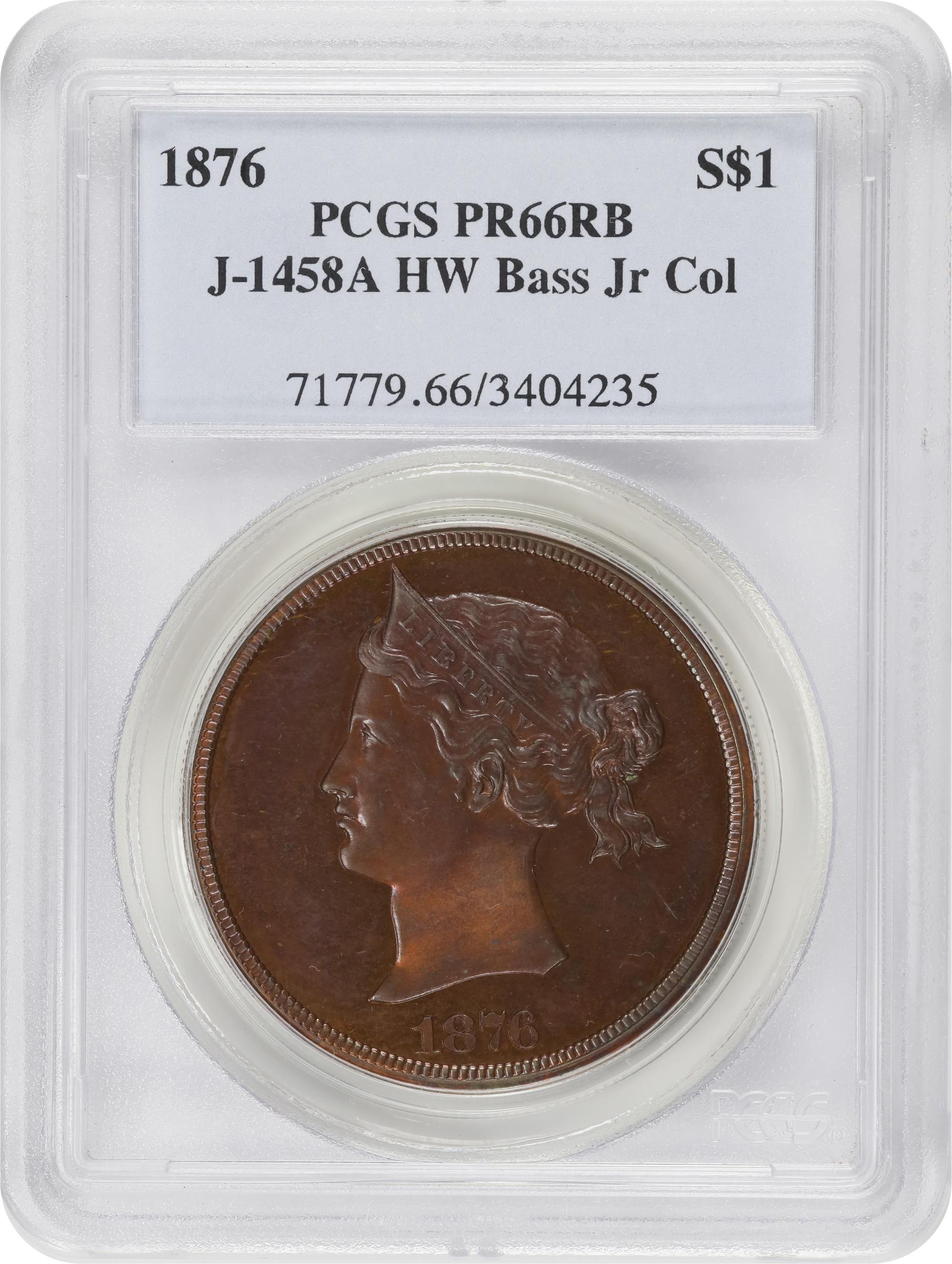 image for: 1876 Pattern Sailor Head Dollar. Judd 1458-a, Pollock-1607. Rarity-7+. Copper. Reeded Edge. Proof-66 RB (PCGS).