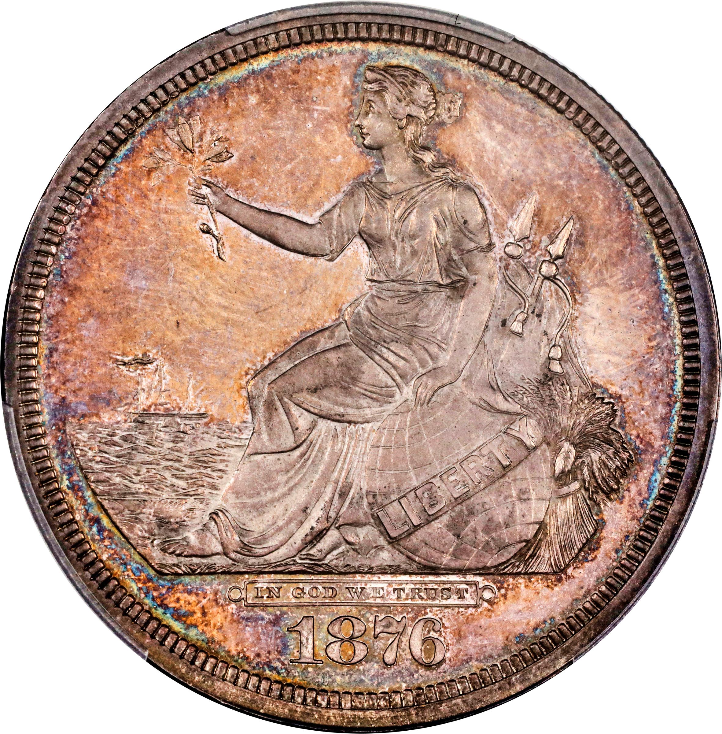 image for: 1876 Pattern Liberty by the Seashore Dollar. Judd-1467, Pollock-1618. Rarity-7+. Silver. Reeded Edge. Proof-66+ (PCGS). CAC.
