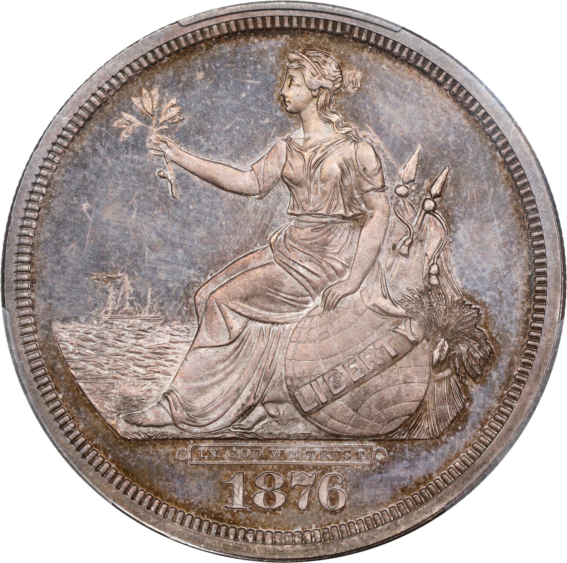 image for: 1876 Pattern Liberty by the Seashore Dollar. Judd-1467, Pollock-1618. Rarity-7+. Silver. Reeded Edge. Proof-66+ (PCGS). CAC.