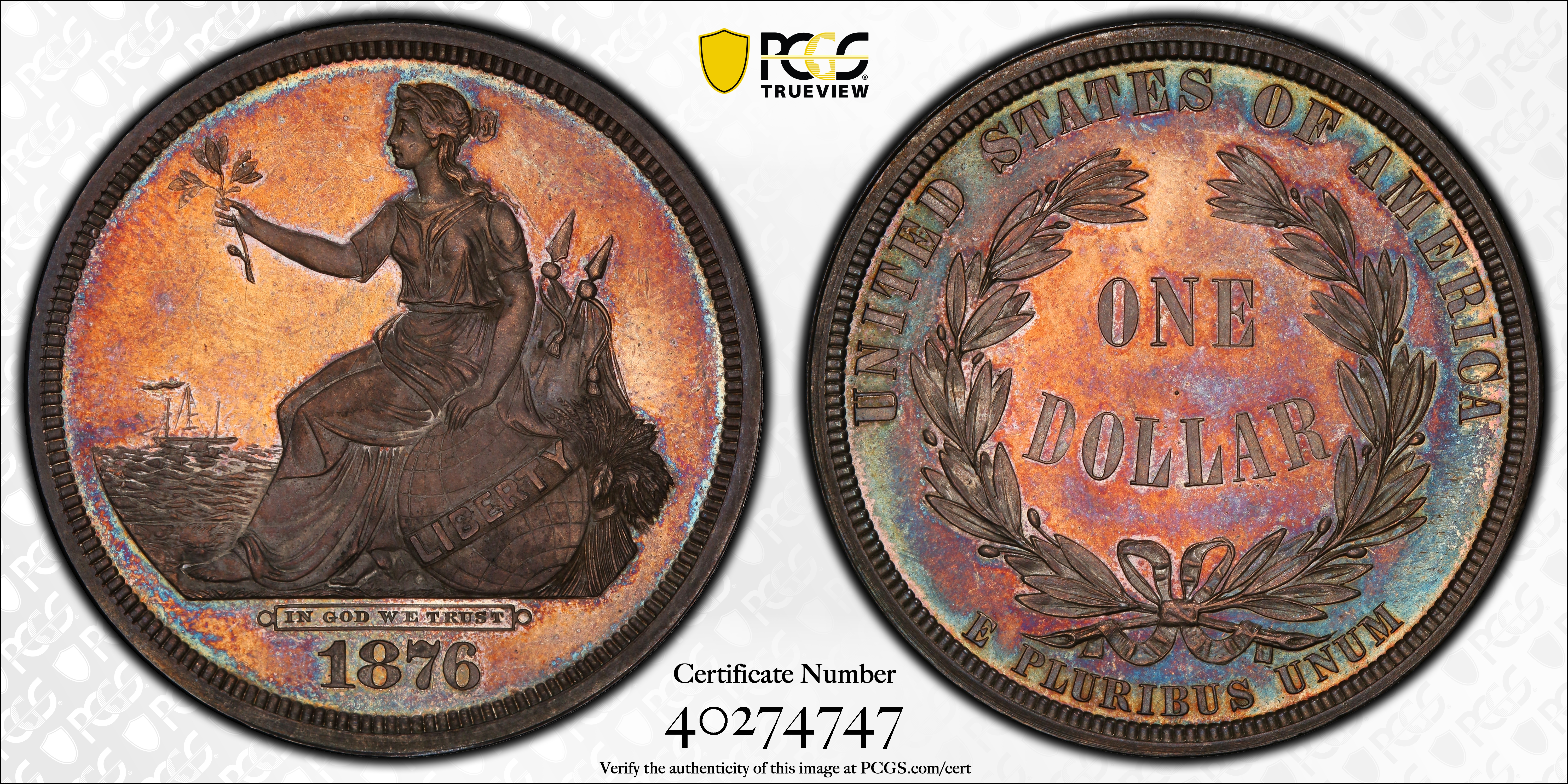 image for: 1876 Pattern Liberty by the Seashore Dollar. Judd-1467, Pollock-1618. Rarity-7+. Silver. Reeded Edge. Proof-66+ (PCGS). CAC.