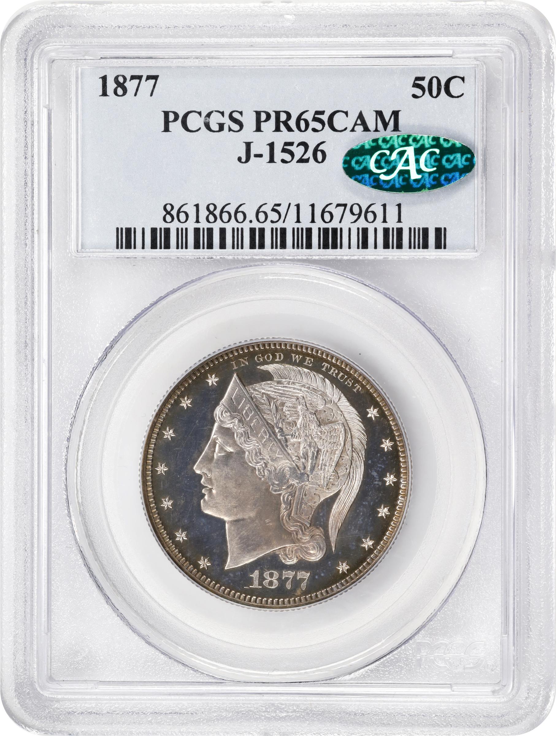 image for: 1877 Pattern Half Dollar. Judd-1526, Pollock-1694. Rarity-7+. Silver. Reeded Edge. Proof-65 Cameo (PCGS). CAC.