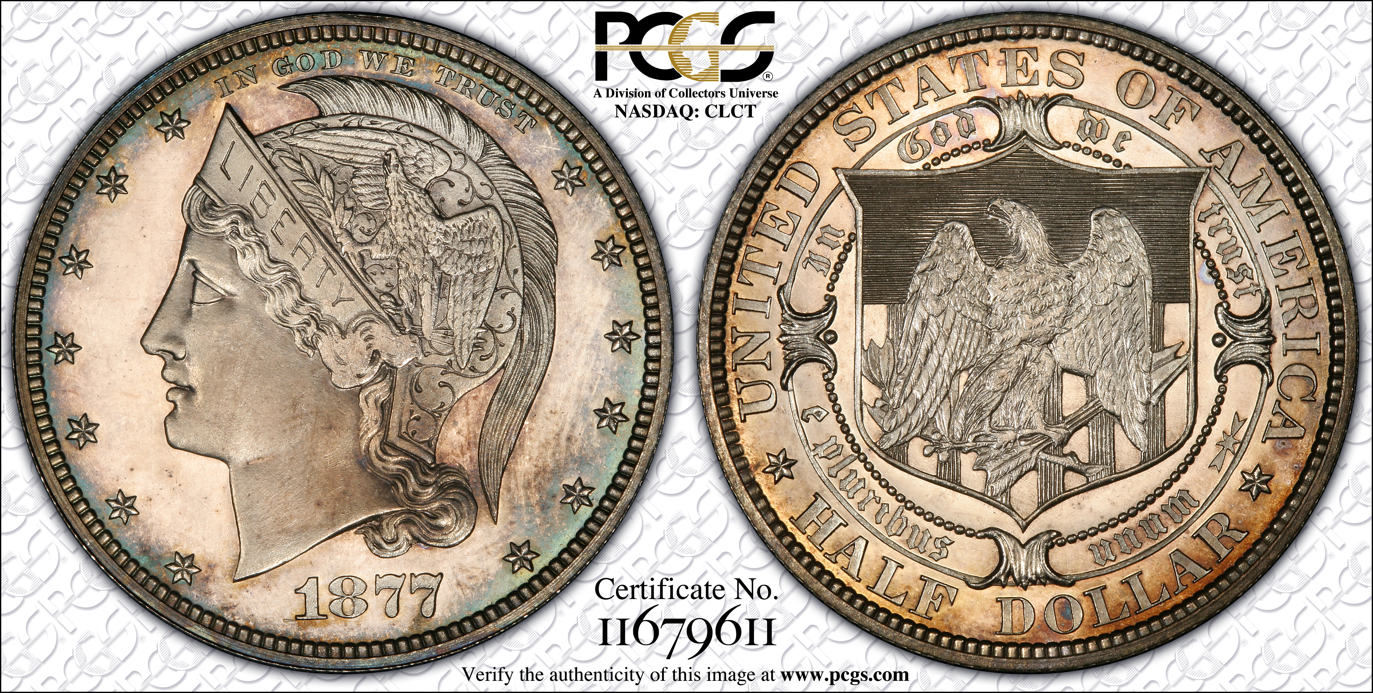 image for: 1877 Pattern Half Dollar. Judd-1526, Pollock-1694. Rarity-7+. Silver. Reeded Edge. Proof-65 Cameo (PCGS). CAC.