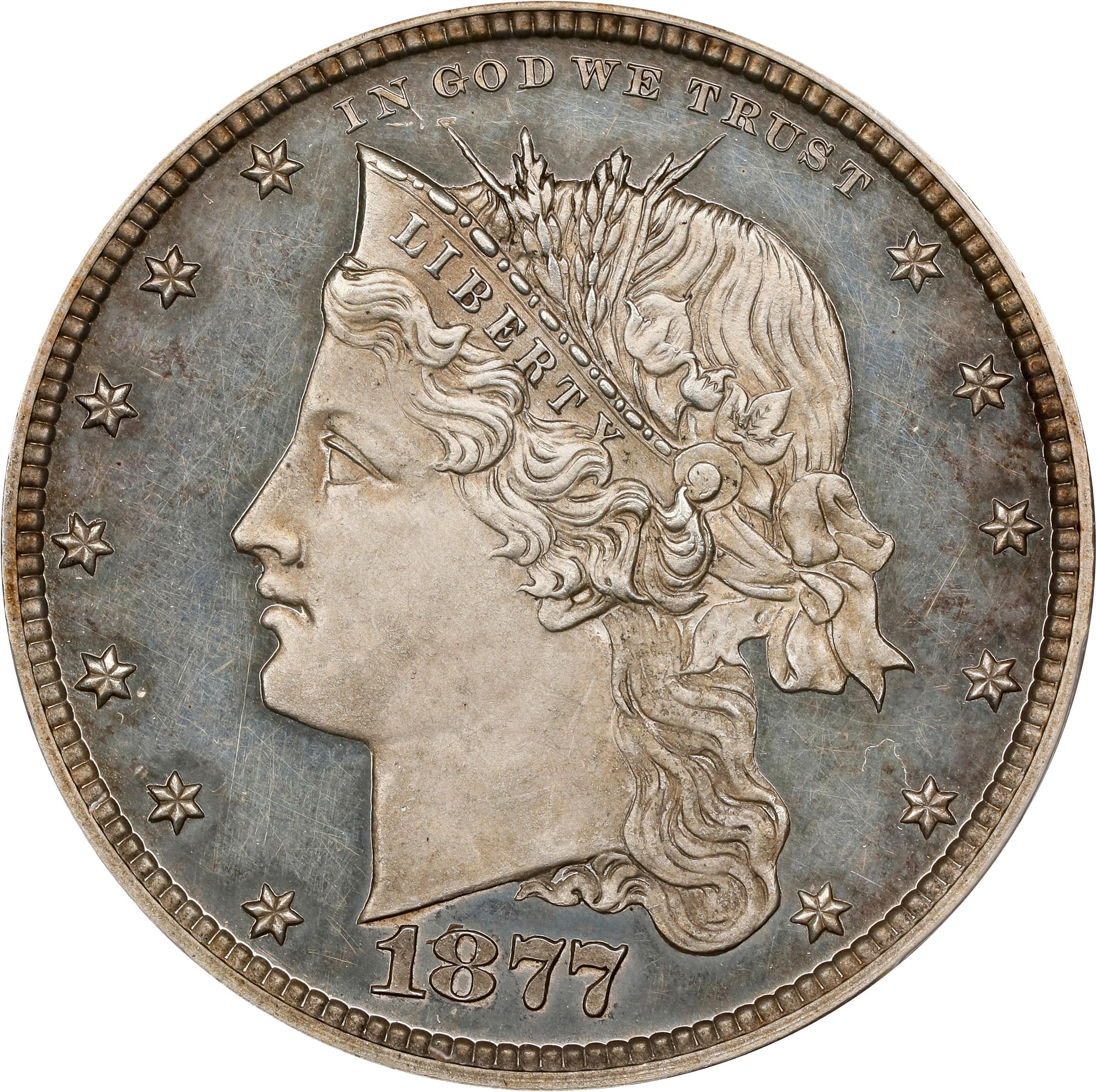 image for: 1877 Pattern Half Dollar. Judd-1535, Pollock-1703. Rarity-8. Silver. Reeded Edge. Proof-64 Deep Cameo (PCGS). CAC. CMQ.