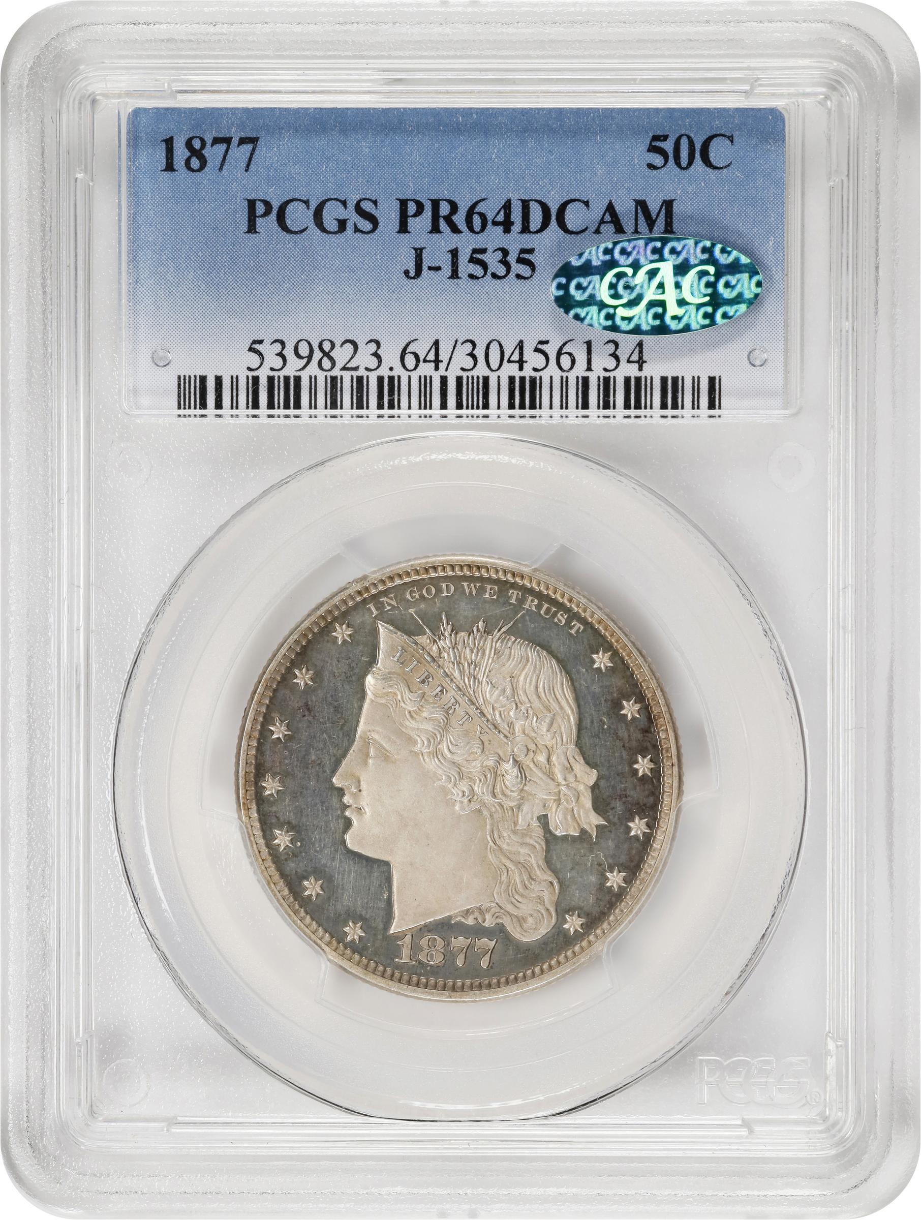 image for: 1877 Pattern Half Dollar. Judd-1535, Pollock-1703. Rarity-8. Silver. Reeded Edge. Proof-64 Deep Cameo (PCGS). CAC. CMQ.