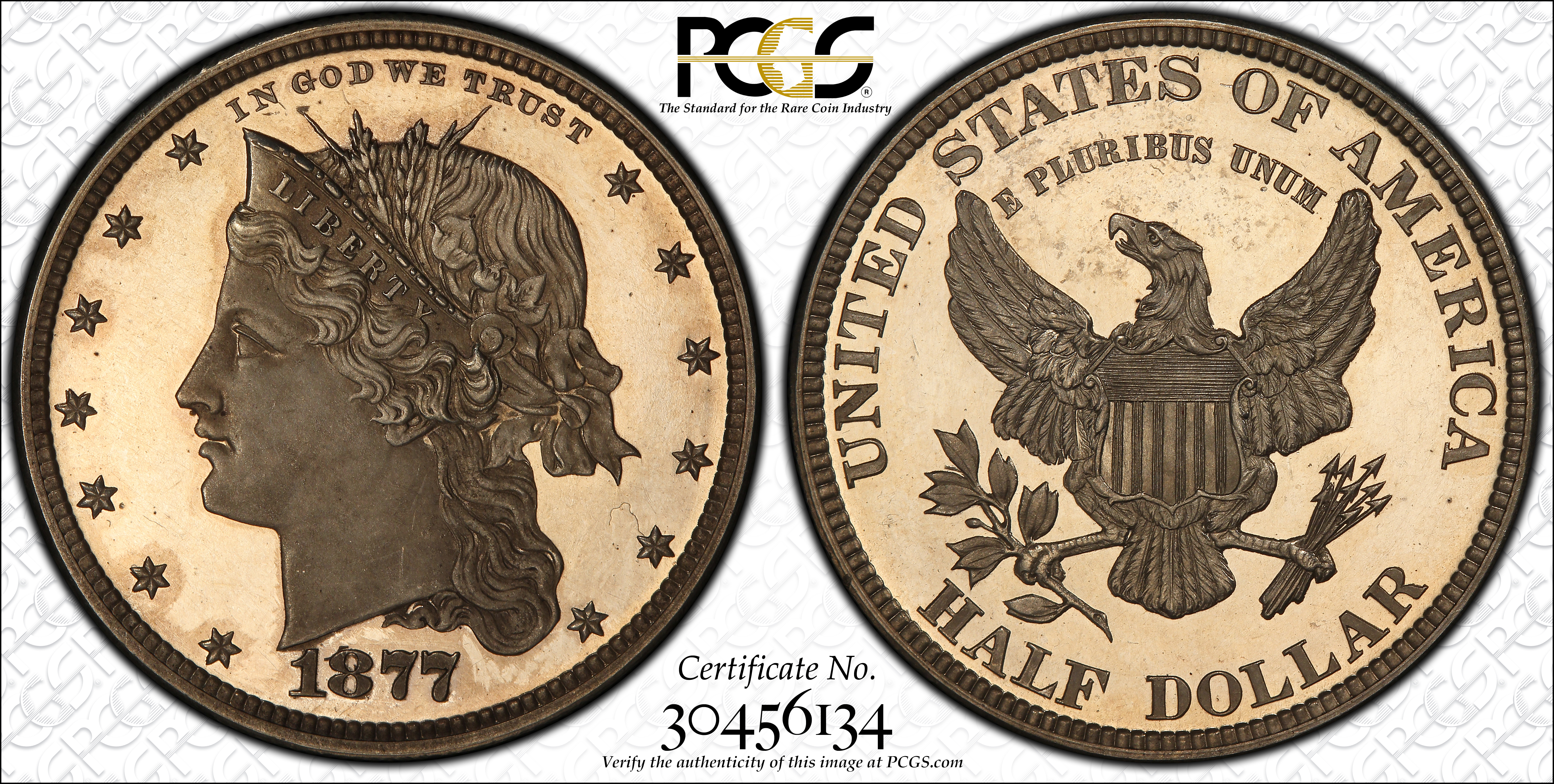 image for: 1877 Pattern Half Dollar. Judd-1535, Pollock-1703. Rarity-8. Silver. Reeded Edge. Proof-64 Deep Cameo (PCGS). CAC. CMQ.