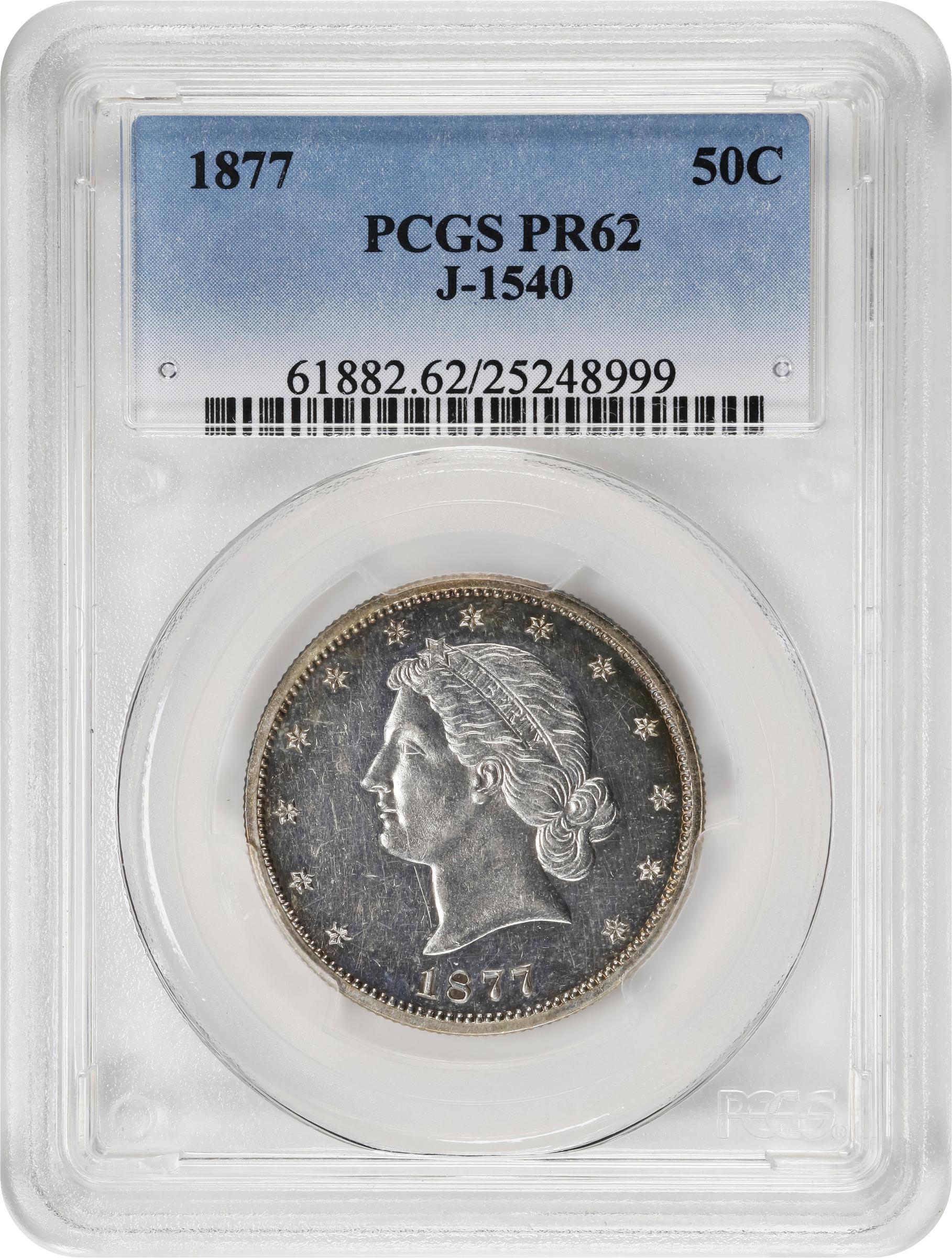 image for: 1877 Pattern Half Dollar. Judd-1540, Pollock-1711A. Rarity-7+. Silver. Reeded Edge. Proof-62 (PCGS).