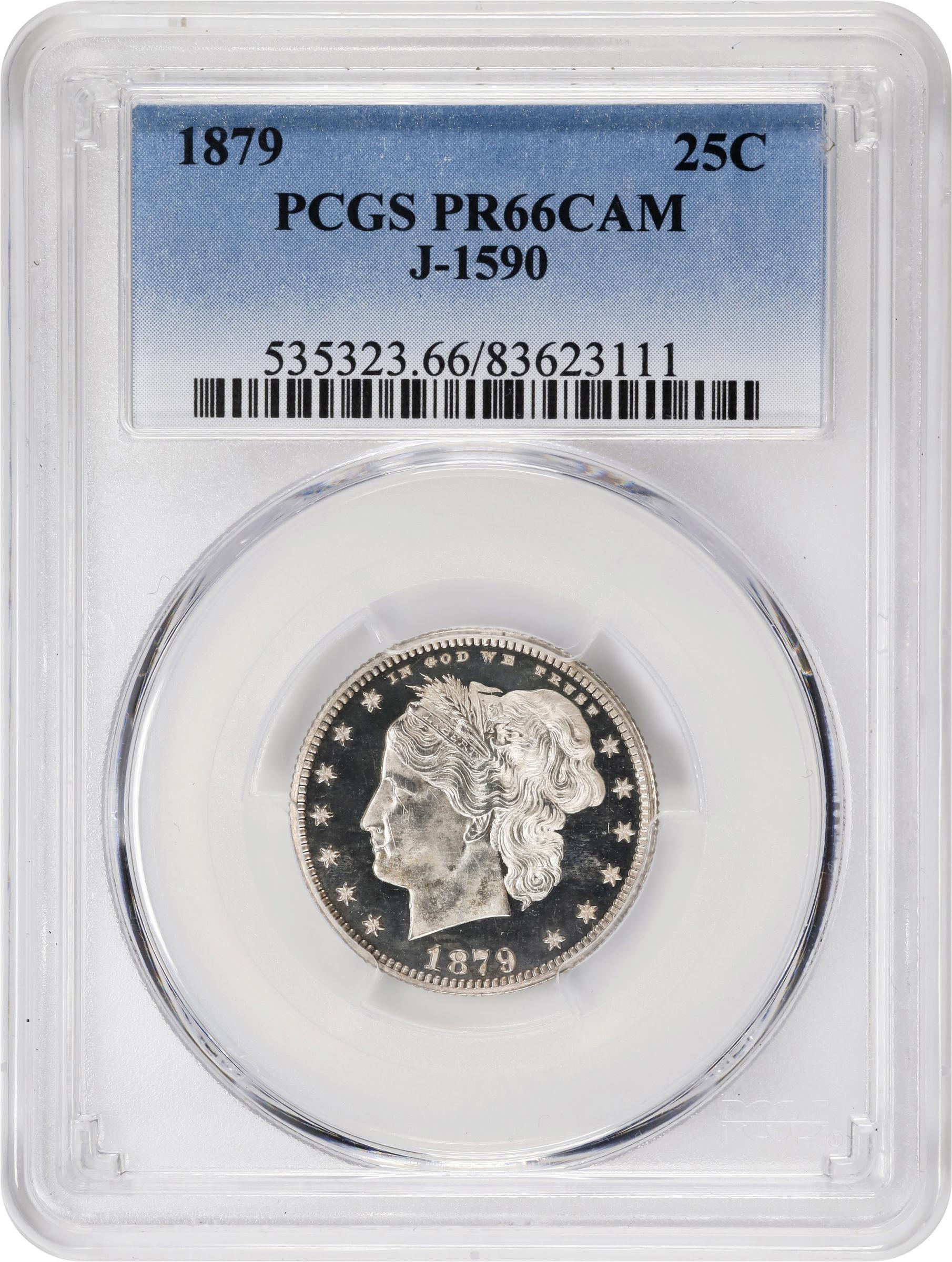 image for: 1879 Pattern Washlady Quarter Dollar. Judd-1590, Pollock-1783. Rarity-6+. Silver. Reeded Edge. Proof-66 Cameo (PCGS). CAC.