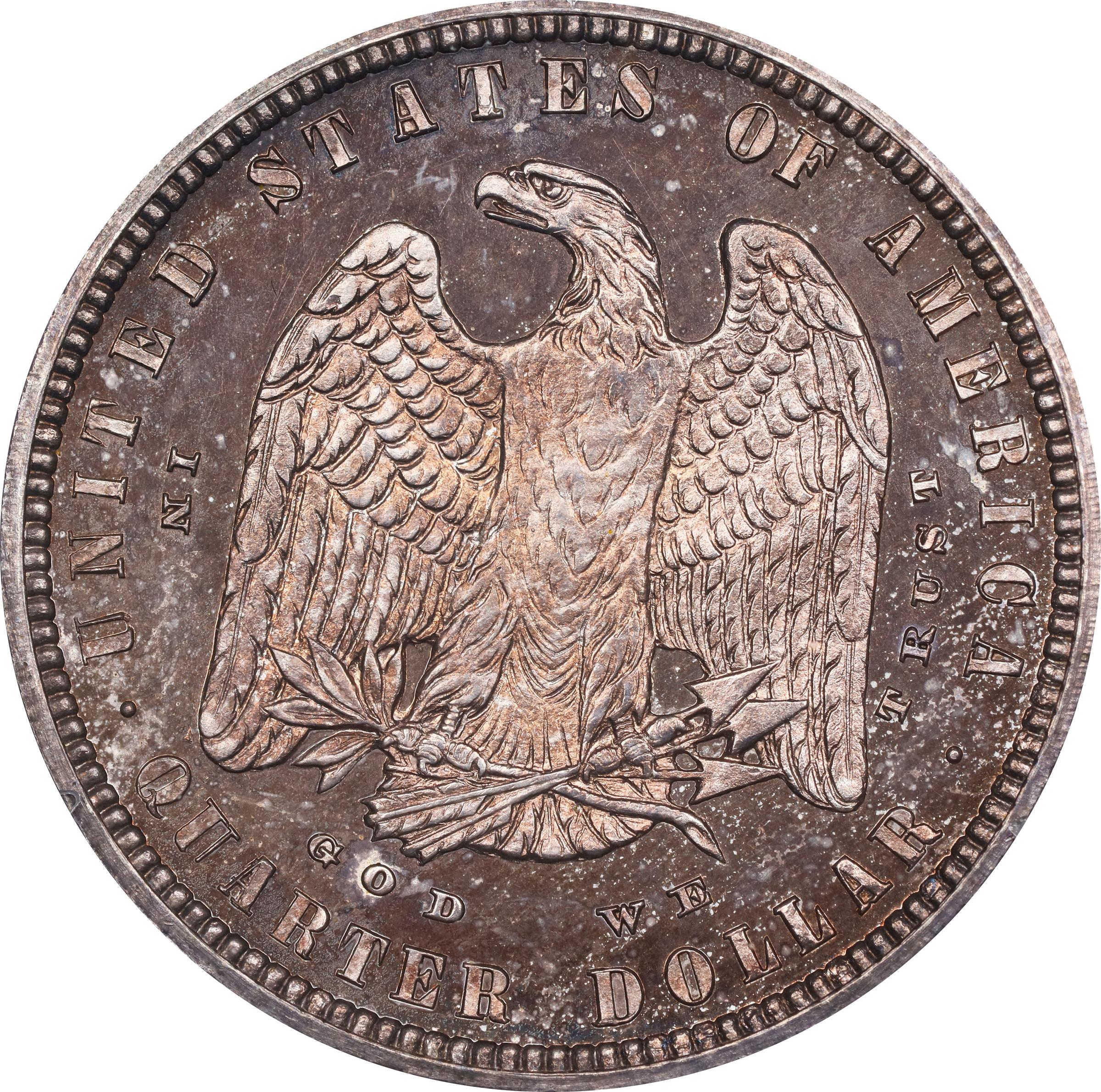 image for: 1879 Pattern Morgan Quarter Dollar. Judd-1593, Pollock-1787. Rarity-7-. Silver. Reeded Edge. Proof-65 (PCGS). OGH Rattler.