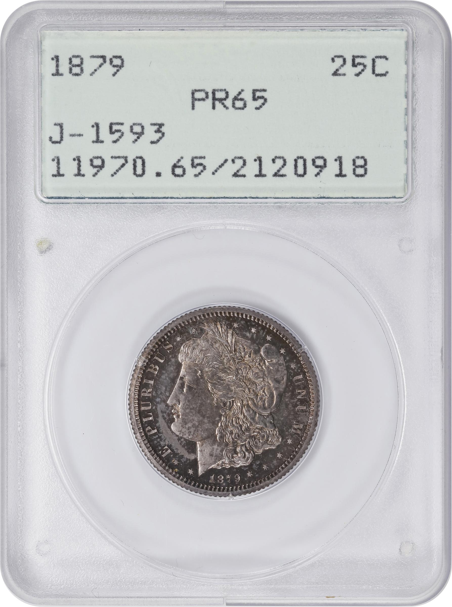 image for: 1879 Pattern Morgan Quarter Dollar. Judd-1593, Pollock-1787. Rarity-7-. Silver. Reeded Edge. Proof-65 (PCGS). OGH Rattler.
