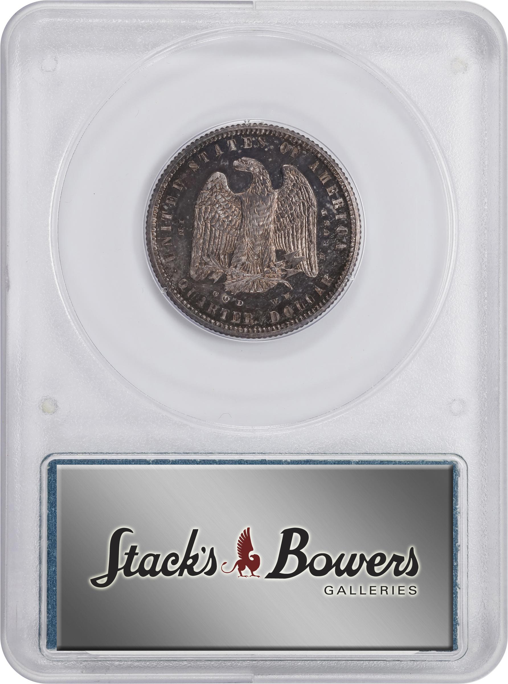 image for: 1879 Pattern Morgan Quarter Dollar. Judd-1593, Pollock-1787. Rarity-7-. Silver. Reeded Edge. Proof-65 (PCGS). OGH Rattler.