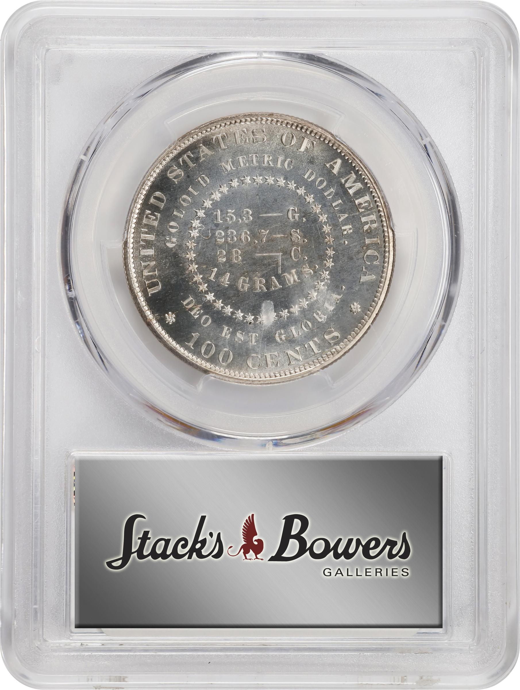 image for: 1880 Pattern Goloid Metric Dollar. Judd-1654, Pollock-1854. Rarity-7-. Goloid (Metric Alloy of Gold, Silver and Copper). Reeded Edge. Proof-66 (PCGS). CAC. CMQ.