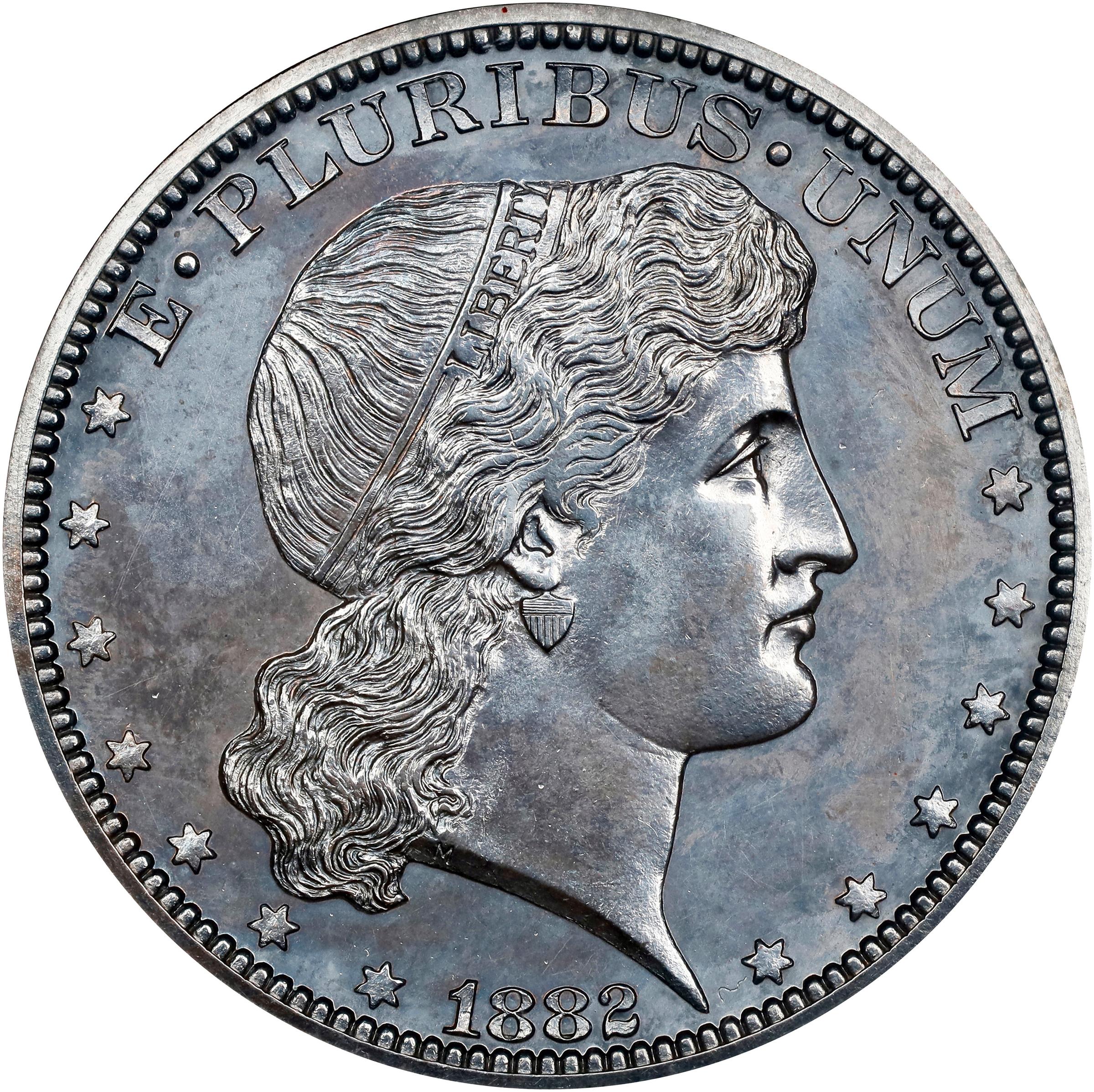 image for: 1882 Pattern Shield Earring Half Dollar. Judd-1700, Pollock-1902. Rarity-7-. Silver. Reeded Edge. Proof-64 (NGC).