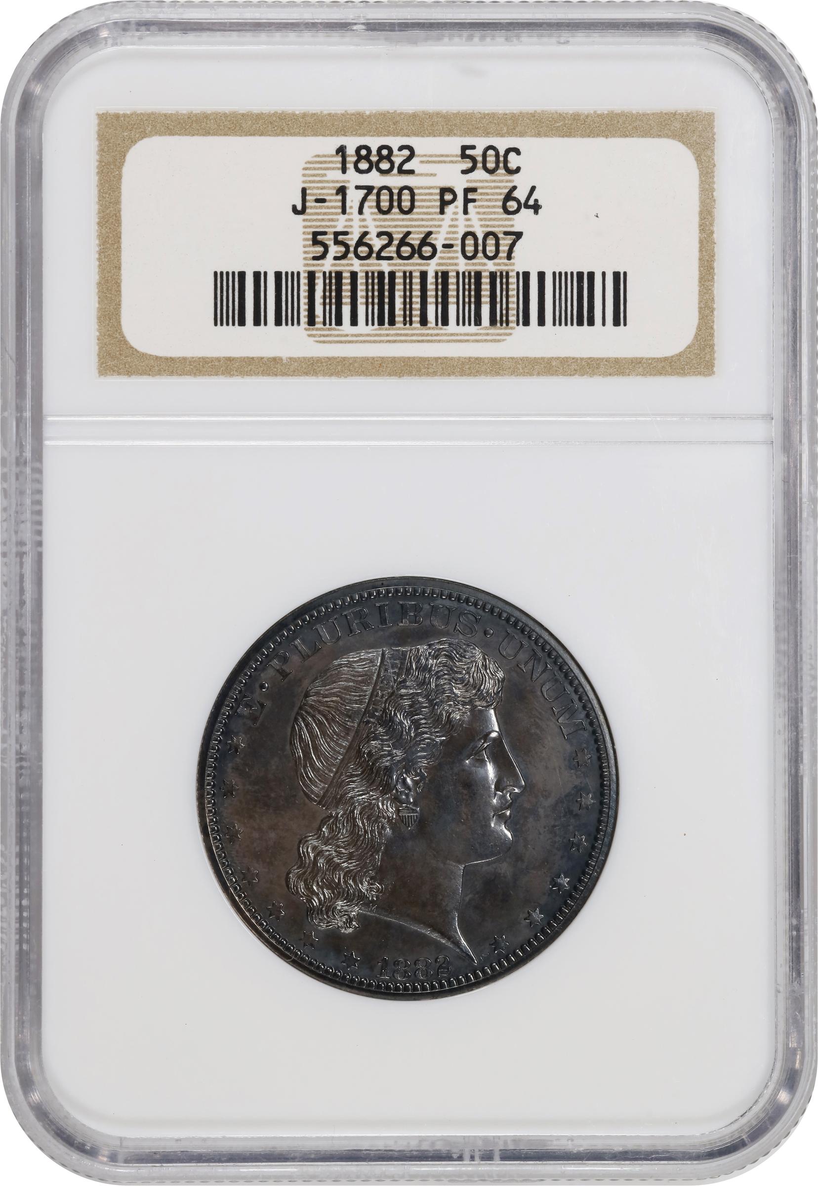 image for: 1882 Pattern Shield Earring Half Dollar. Judd-1700, Pollock-1902. Rarity-7-. Silver. Reeded Edge. Proof-64 (NGC).