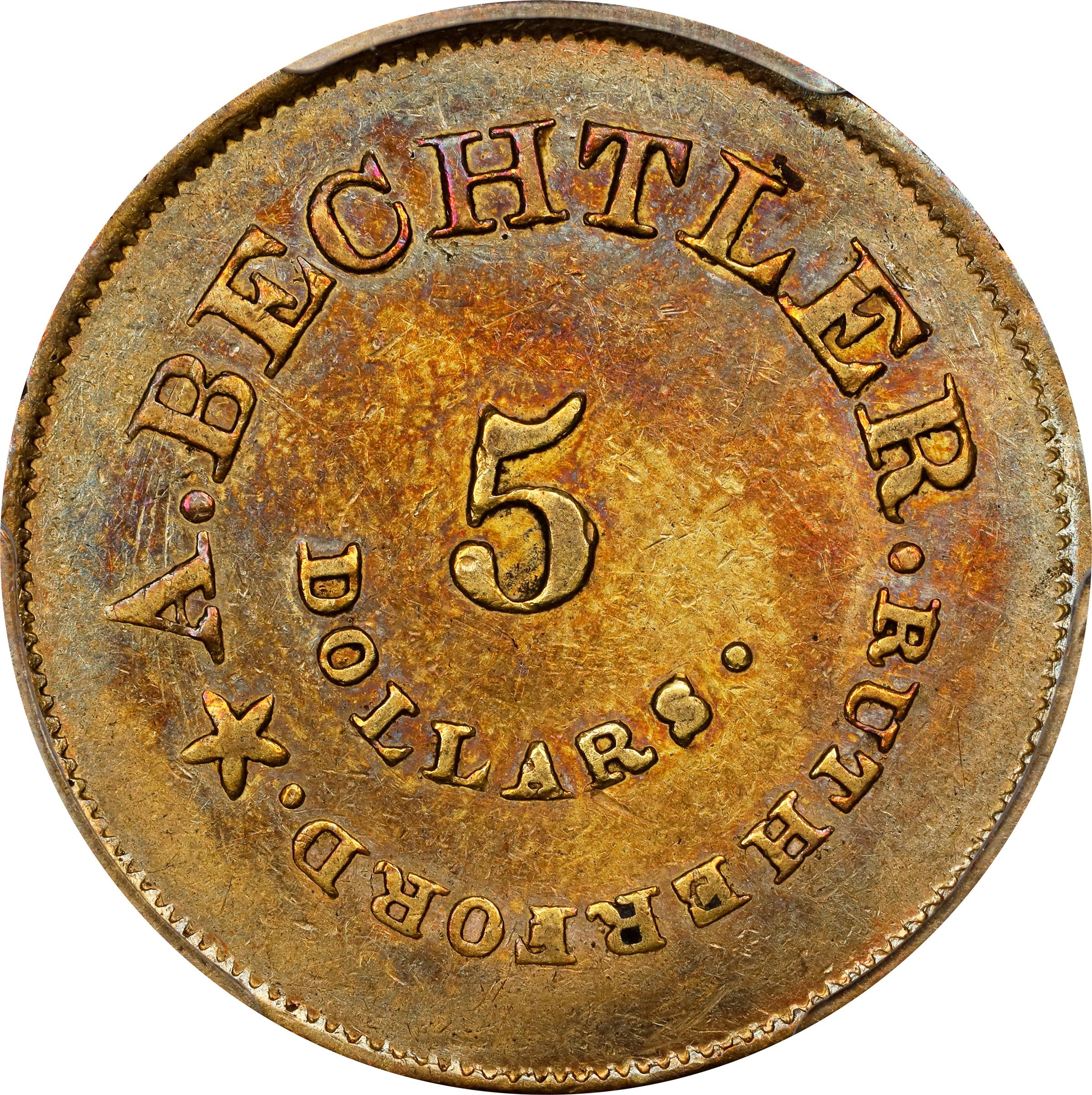image for: Undated (1842-1852) August Bechtler $5. K-27. Rarity-5+. 134.G:, 21 CARATS. AU-50 (PCGS). CAC.