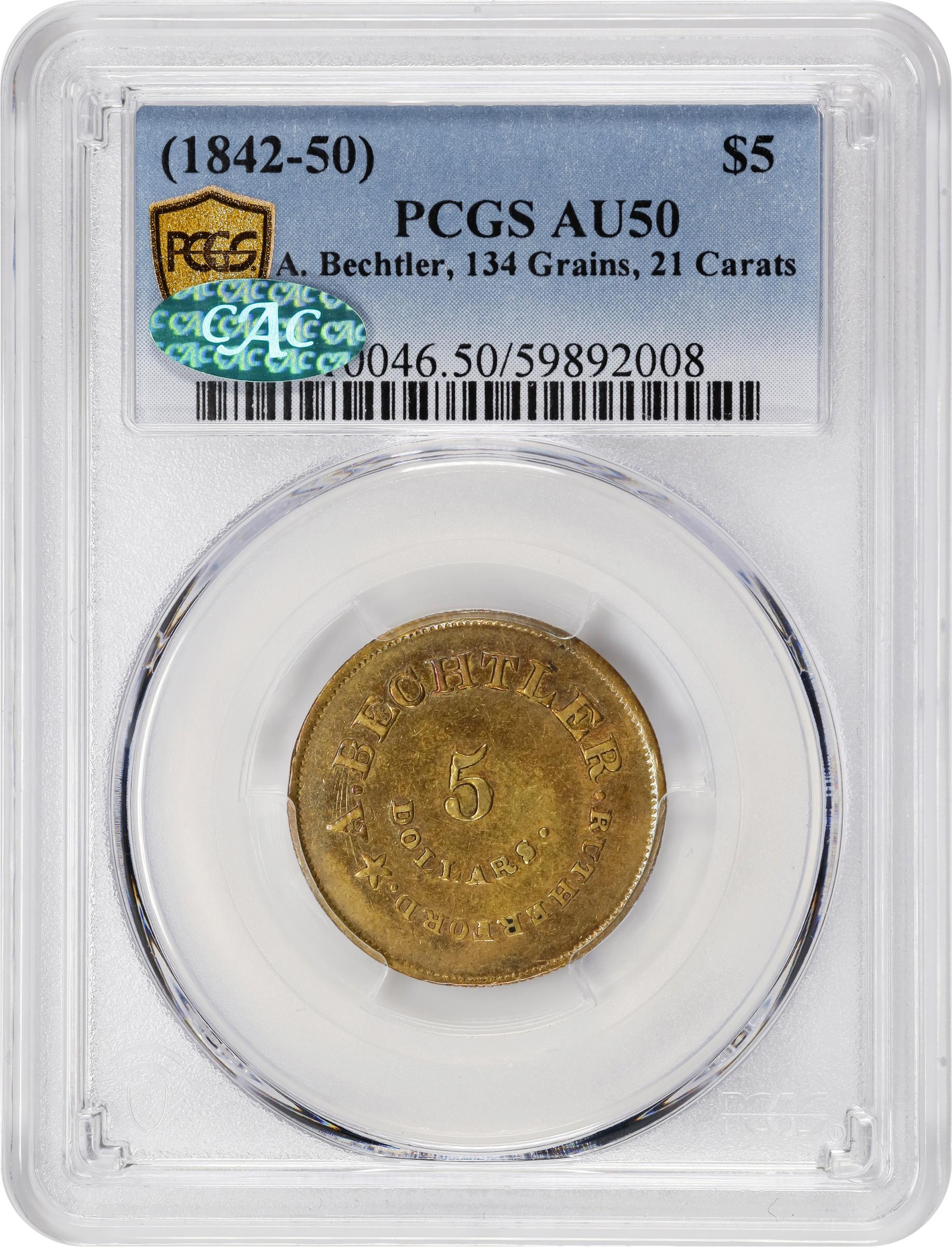 image for: Undated (1842-1852) August Bechtler $5. K-27. Rarity-5+. 134.G:, 21 CARATS. AU-50 (PCGS). CAC.